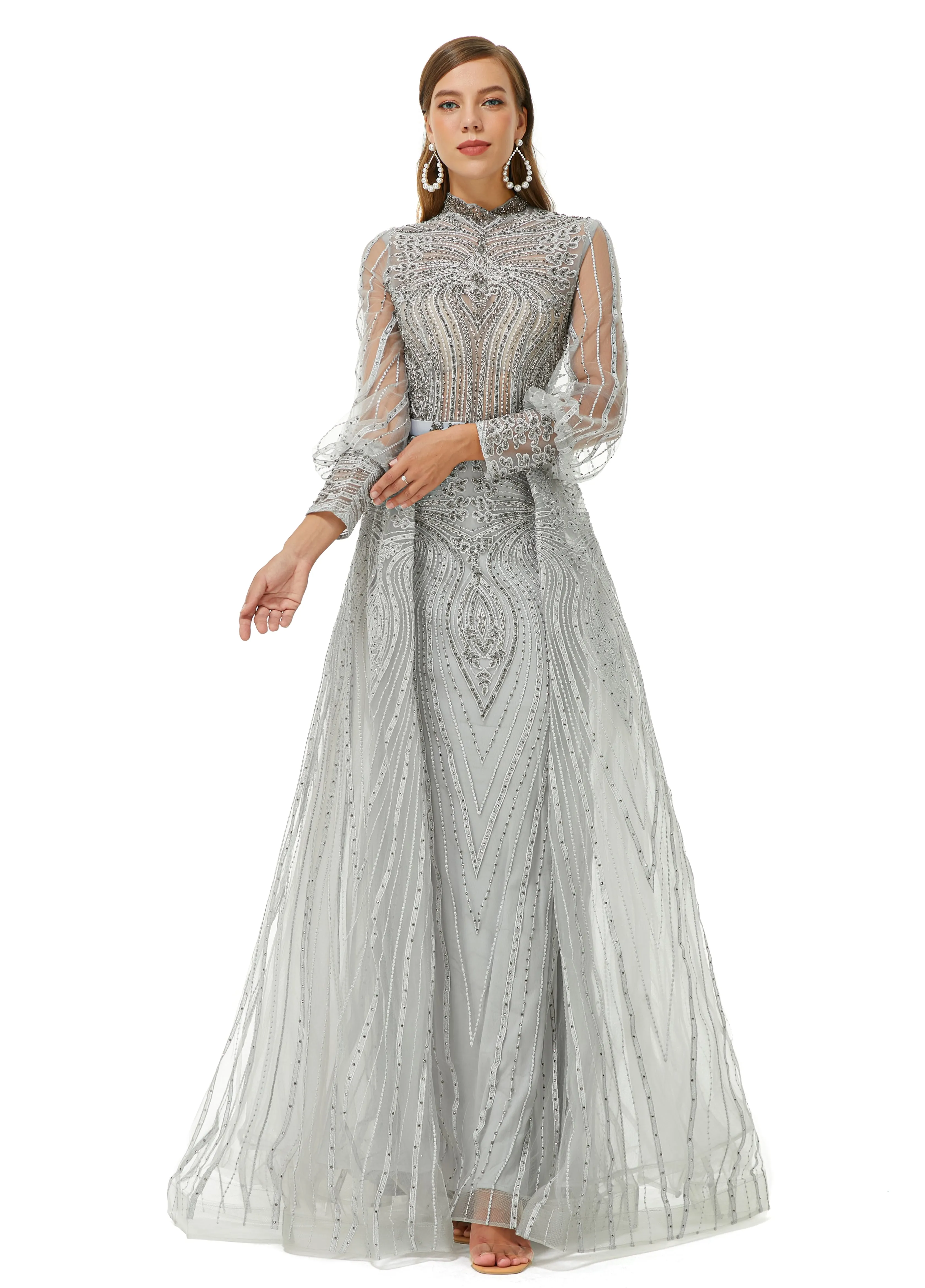 Ballbella Design | Sparkle Gray Beaded Mermaid Long sleeves Prom Dresses with Overskirt