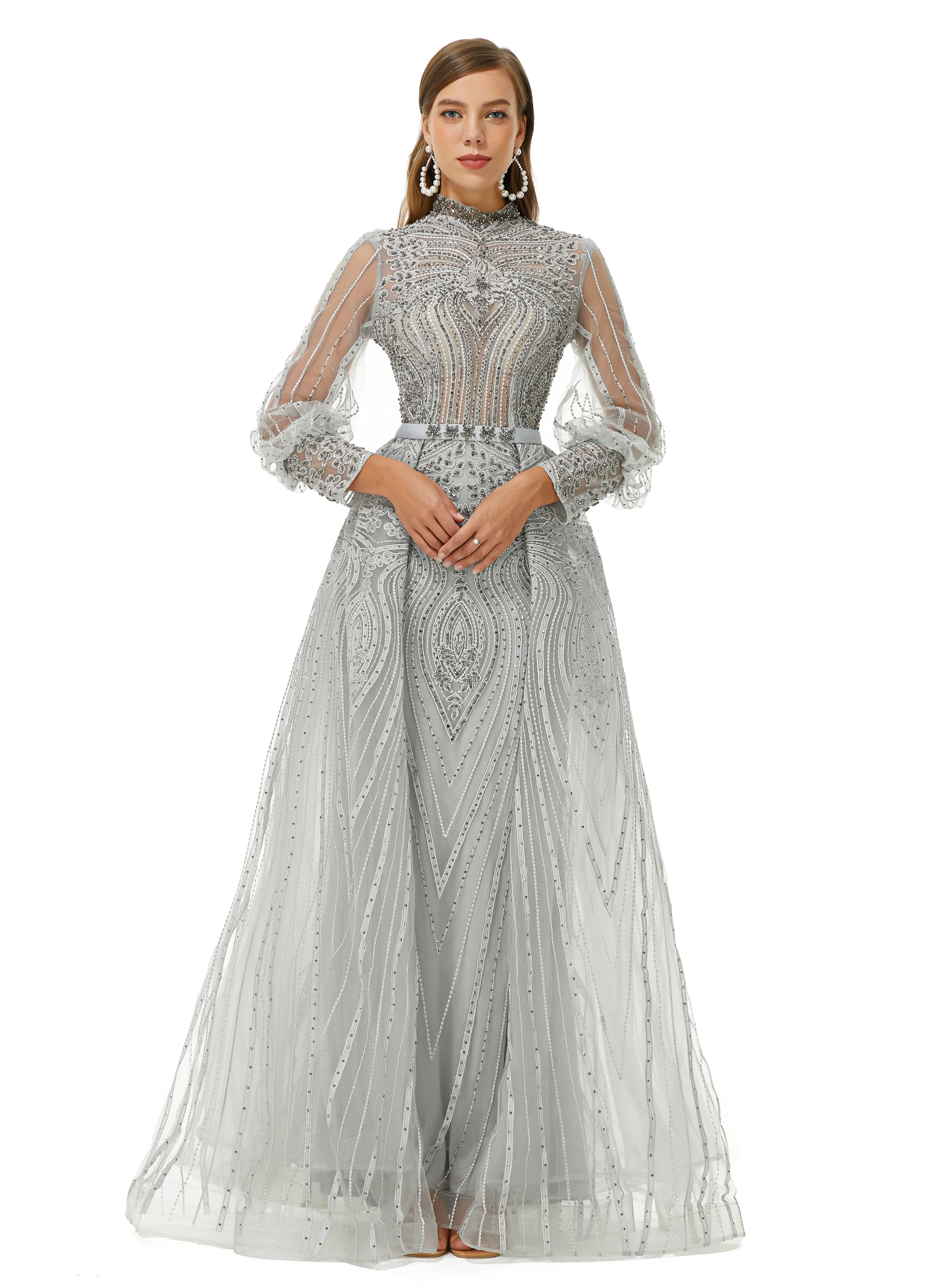 Ballbella Design | Sparkle Gray Beaded Mermaid Long sleeves Prom Dresses with Overskirt