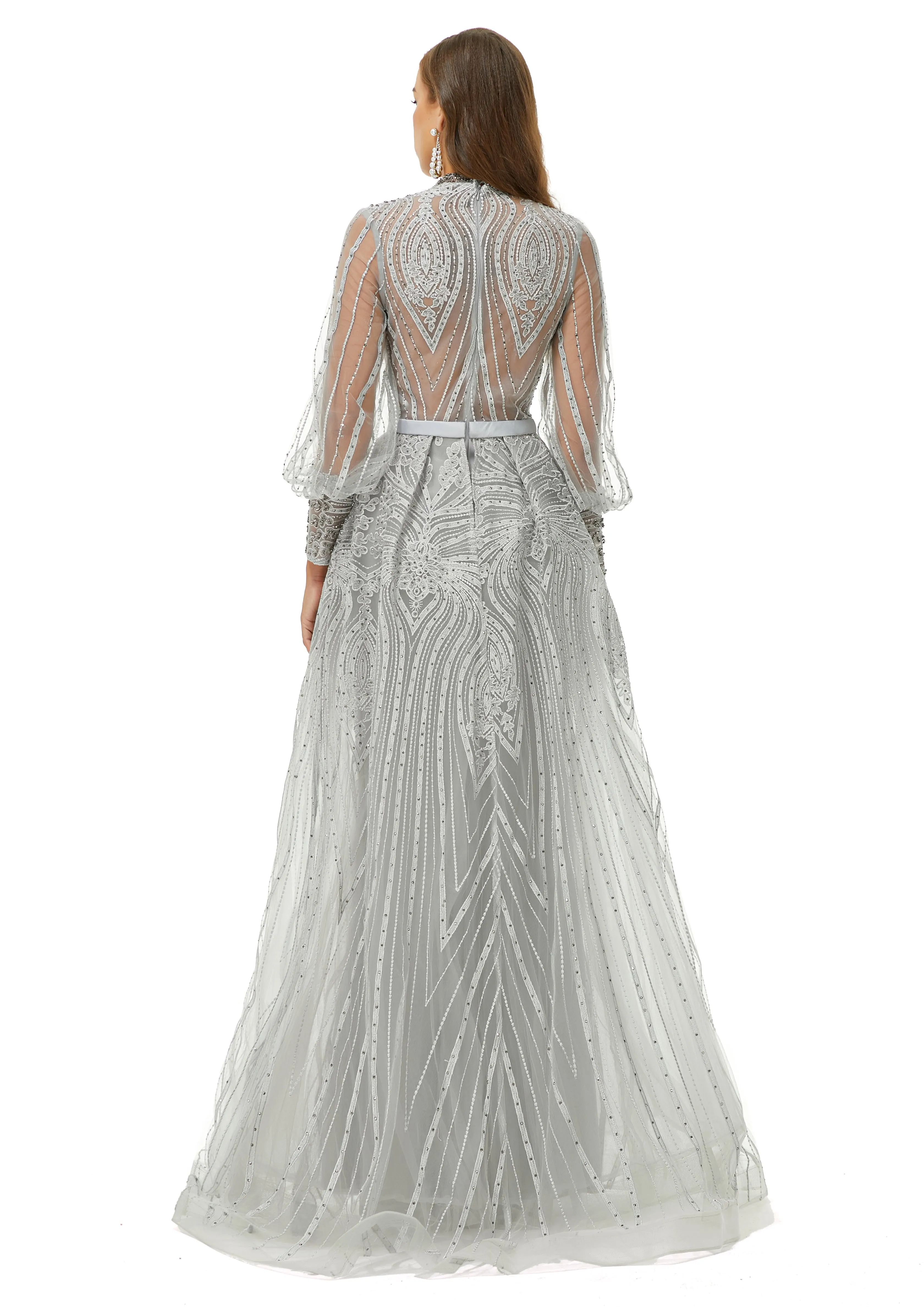 Ballbella Design | Sparkle Gray Beaded Mermaid Long sleeves Prom Dresses with Overskirt