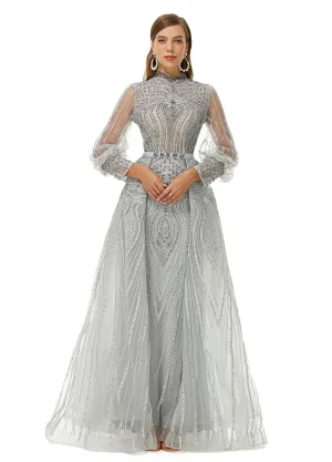 Ballbella Design | Sparkle Gray Beaded Mermaid Long sleeves Prom Dresses with Overskirt