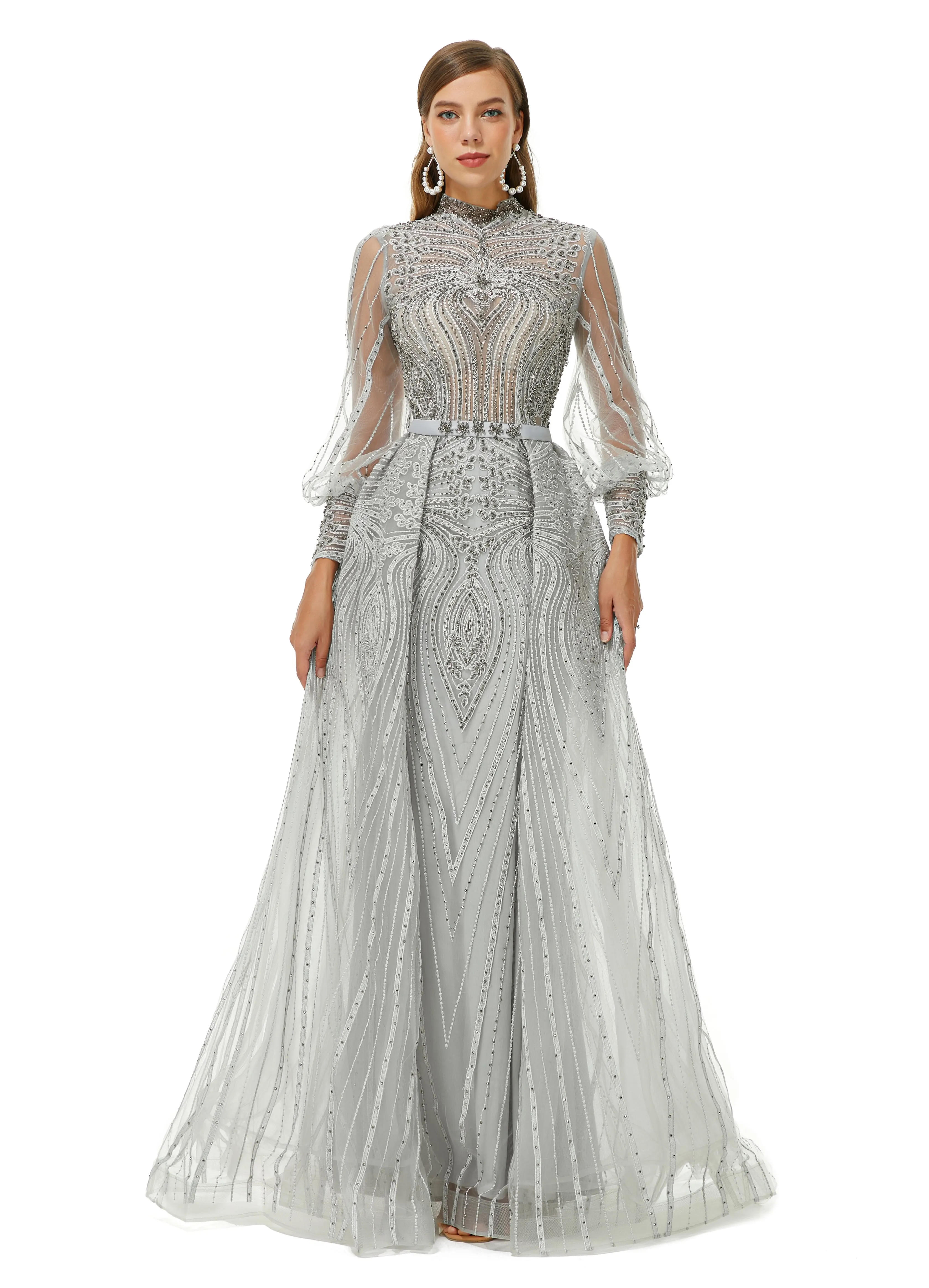 Ballbella Design | Sparkle Gray Beaded Mermaid Long sleeves Prom Dresses with Overskirt