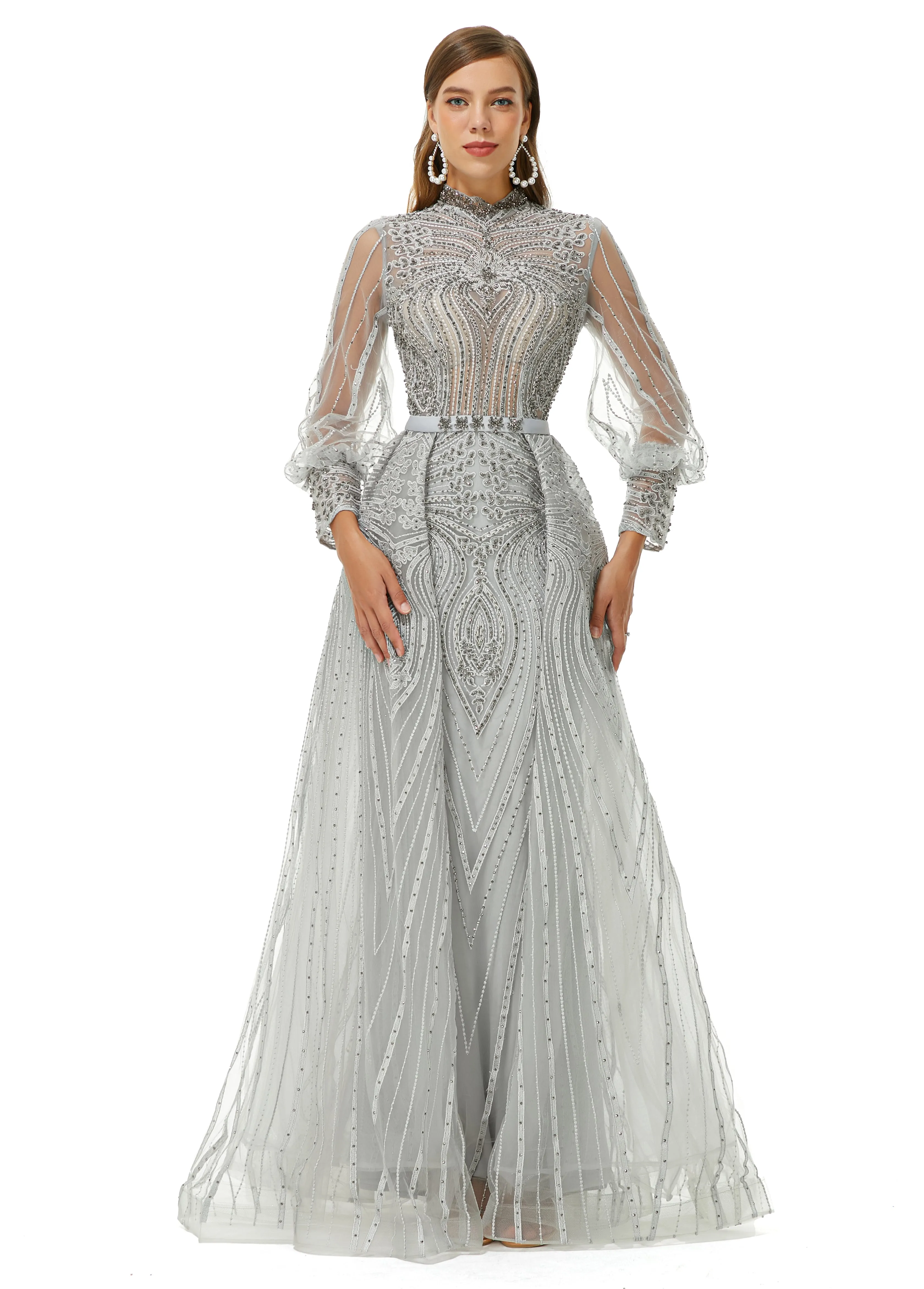 Ballbella Design | Sparkle Gray Beaded Mermaid Long sleeves Prom Dresses with Overskirt