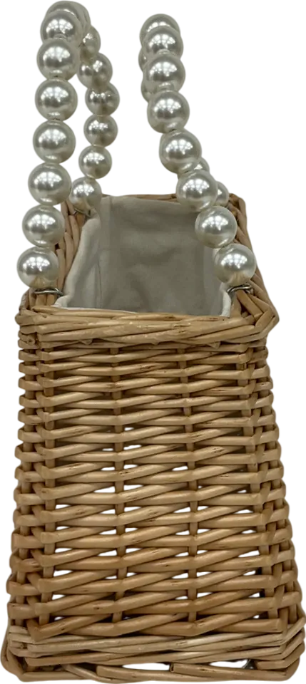 Beige Mini Ratan Handbag With Pearl Handles One Size