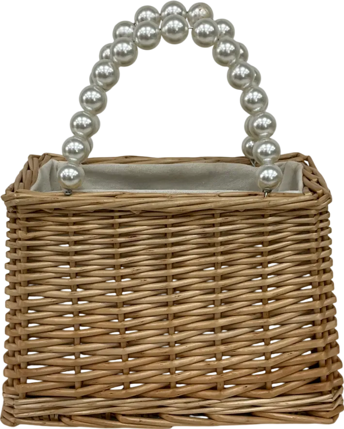 Beige Mini Ratan Handbag With Pearl Handles One Size