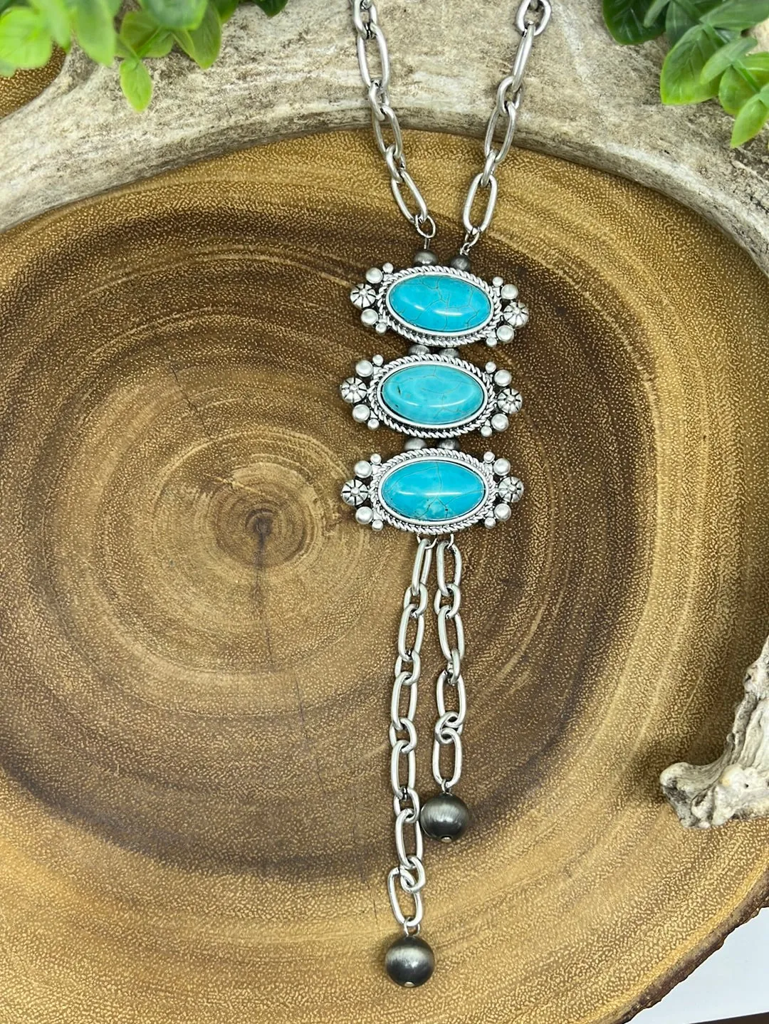 Bellevue Fashion Link Chain & Necklace With 3 Turquoise Center Stones