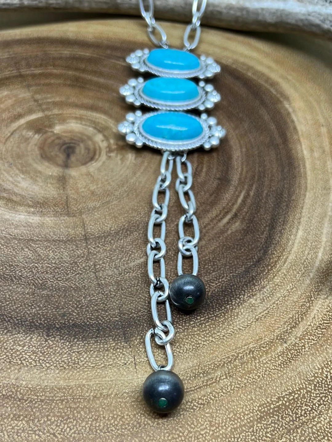 Bellevue Fashion Link Chain & Necklace With 3 Turquoise Center Stones