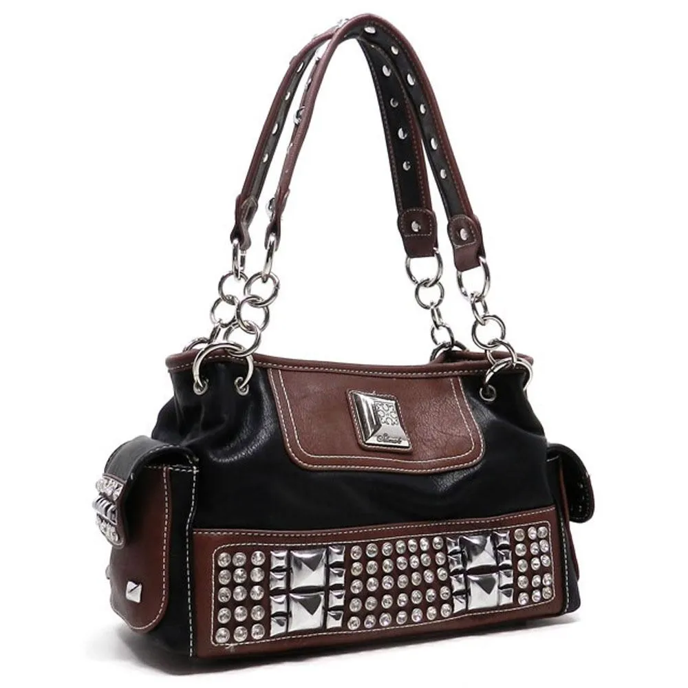 black brown pocket satchel Bag Handbag bling Chain Rhinestone Silverake