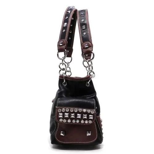black brown pocket satchel Bag Handbag bling Chain Rhinestone Silverake