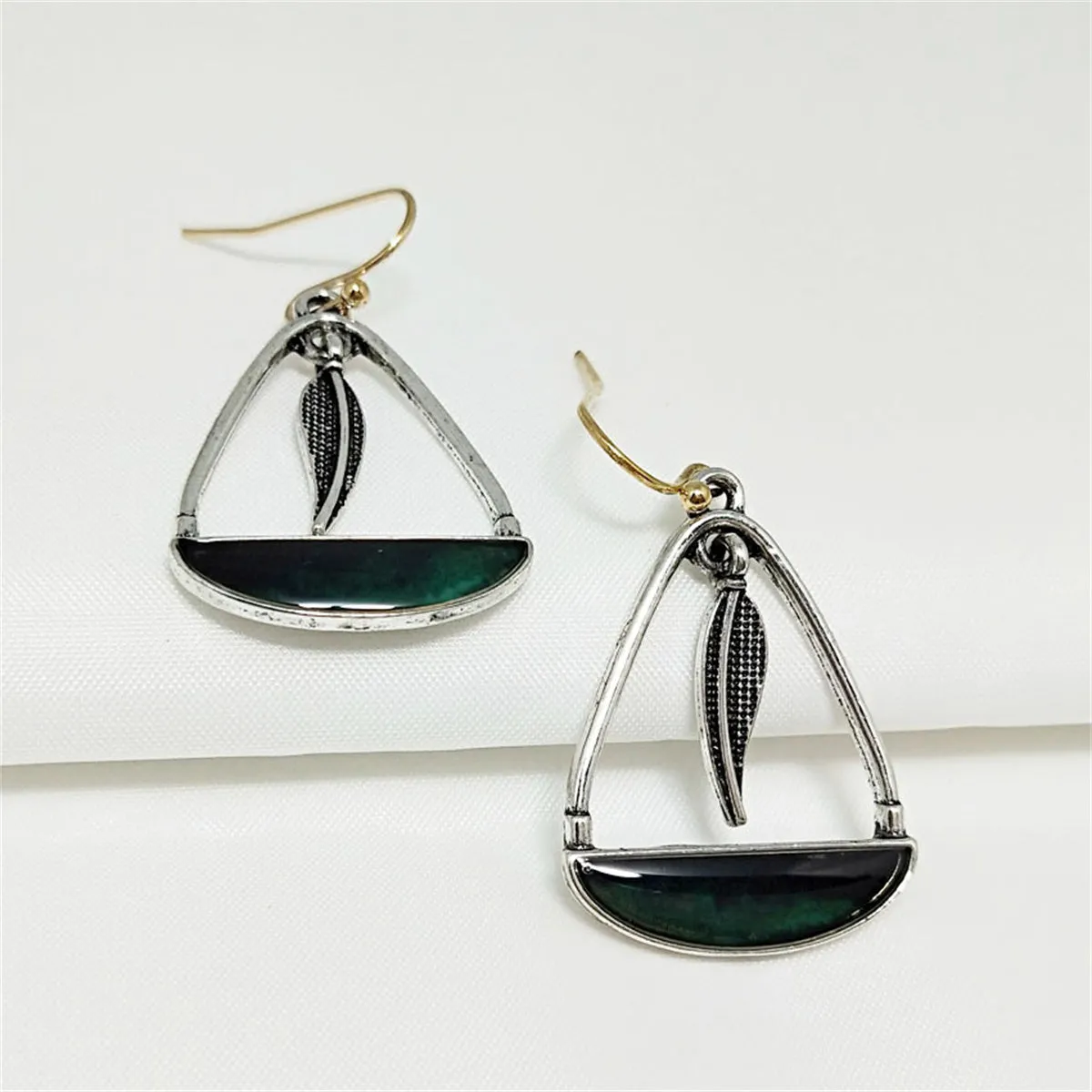 Black-Green Resin & Two-Tone Feather Handbag Drop Earrings