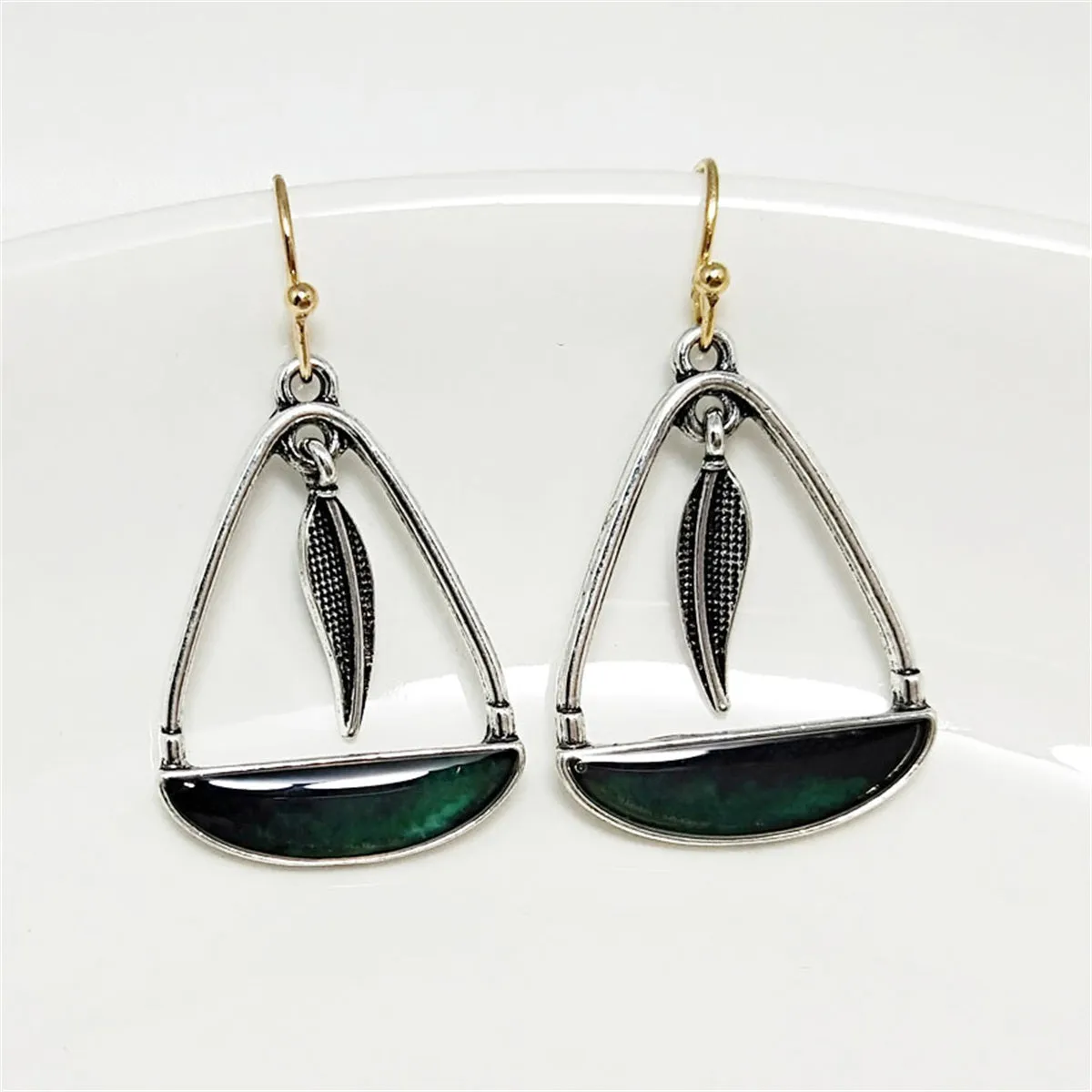 Black-Green Resin & Two-Tone Feather Handbag Drop Earrings