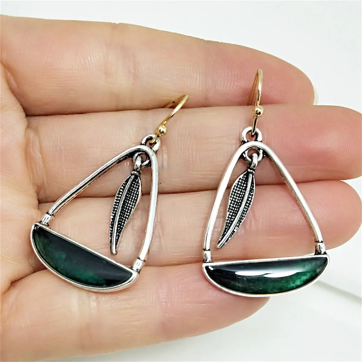 Black-Green Resin & Two-Tone Feather Handbag Drop Earrings