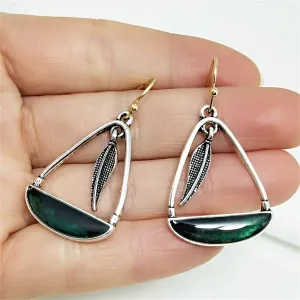 Black-Green Resin & Two-Tone Feather Handbag Drop Earrings