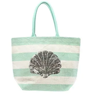 Blue and White Stripe Sequin Seashell Tote Bag