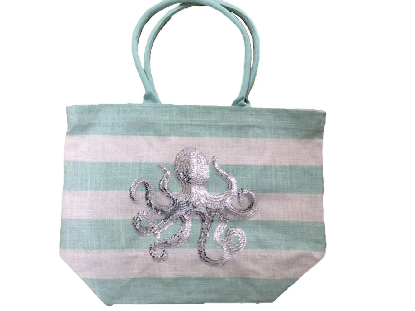 Blue and White Stripe Sequin Seashell Tote Bag