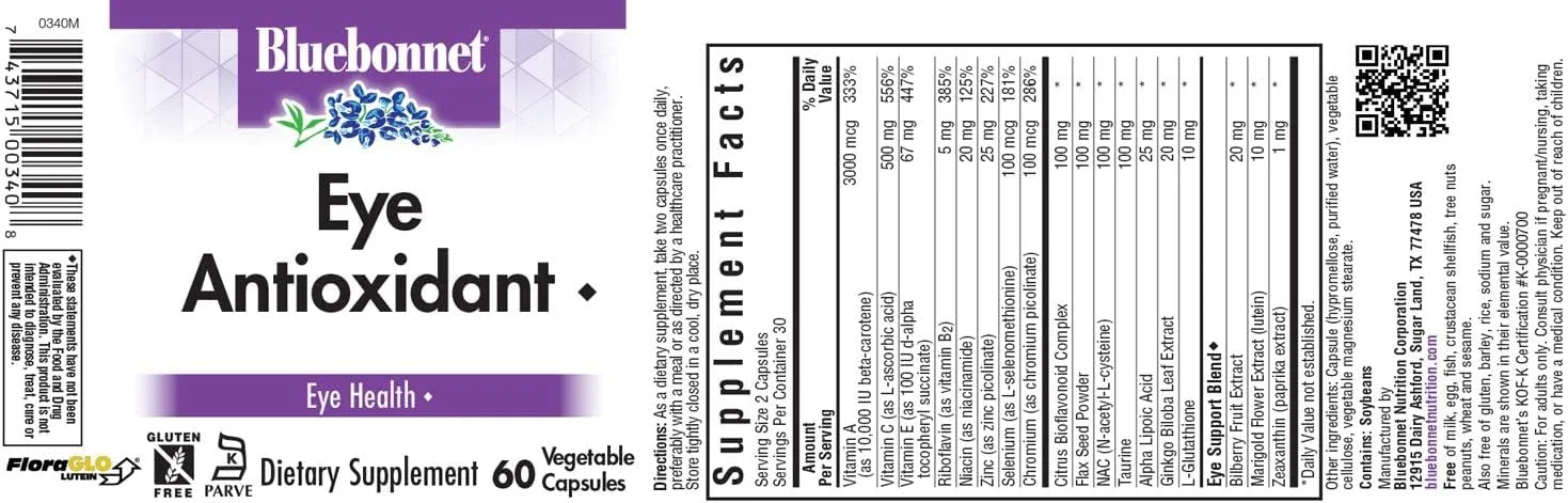 BlueBonnet Eye Antioxidant with Zeaxanthin Formula Vegetarian Capsules, 60 Count