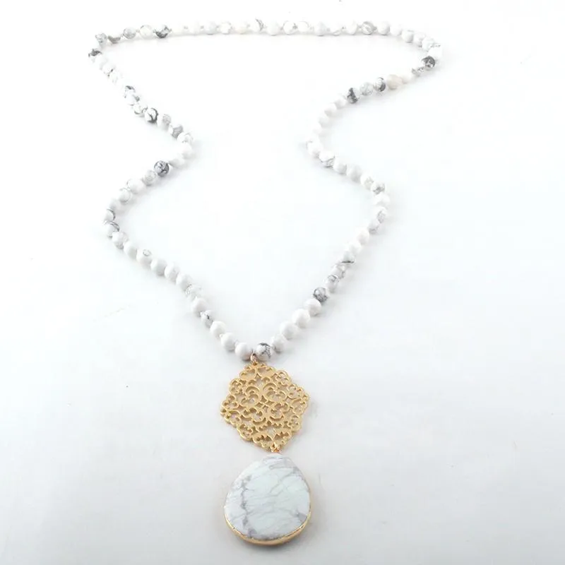 Boho & Mala Natural Tribal Round Howlite Stone Gold Necklace TN10029
