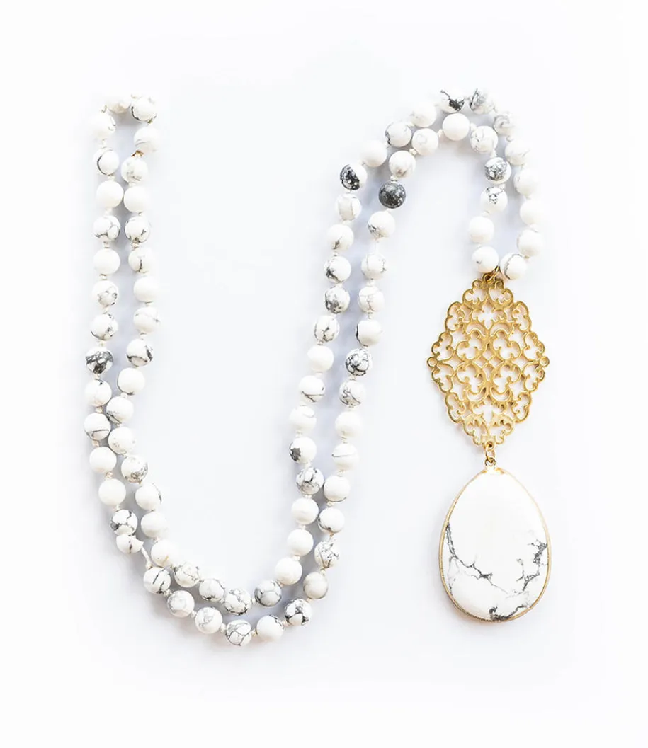 Boho & Mala Natural Tribal Round Howlite Stone Gold Necklace TN10029