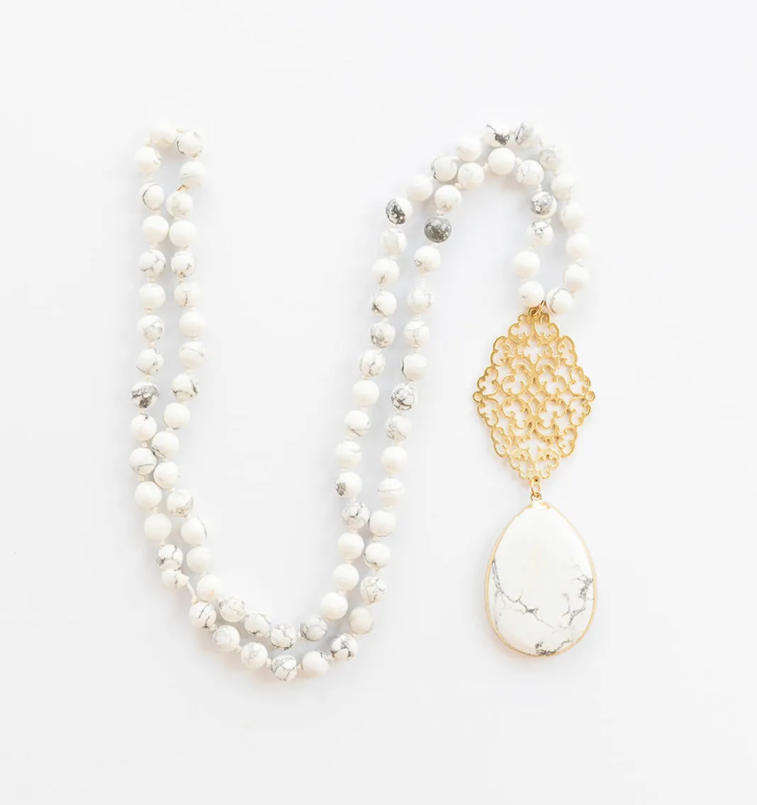 Boho & Mala Natural Tribal Round Howlite Stone Gold Necklace TN10029