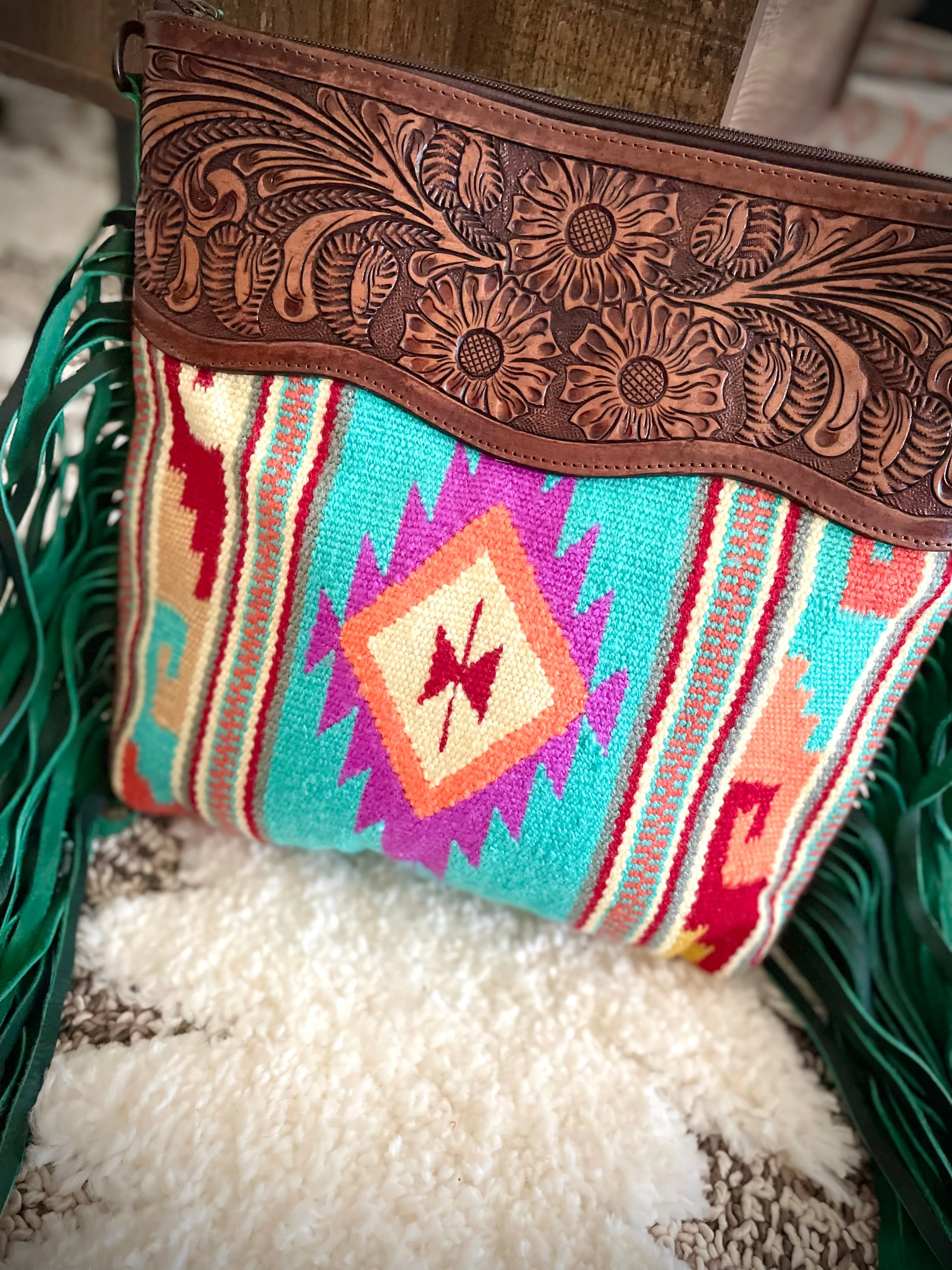 Bright Turquoise Wool Leather Tooled Green Fringe Handbag