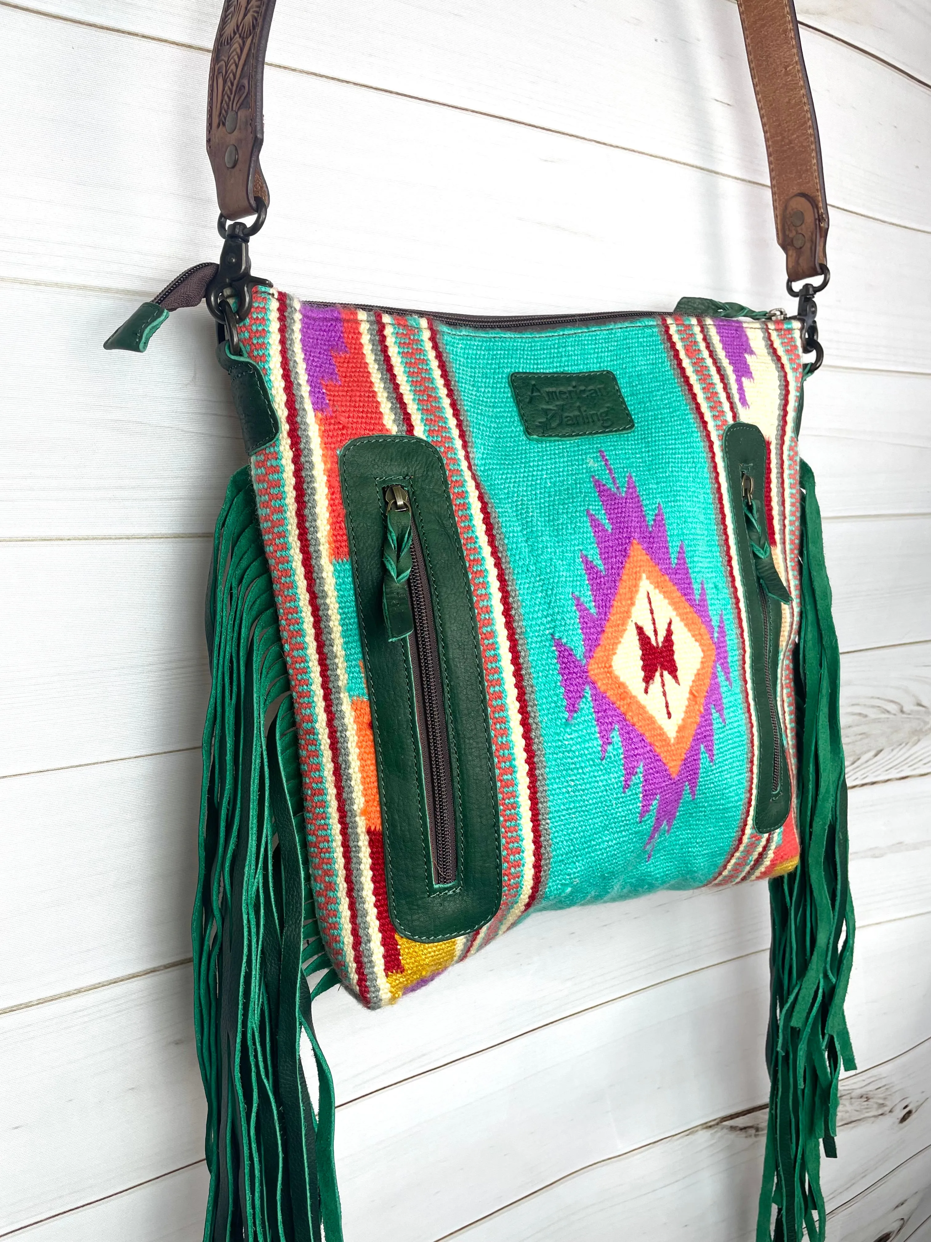 Bright Turquoise Wool Leather Tooled Green Fringe Handbag