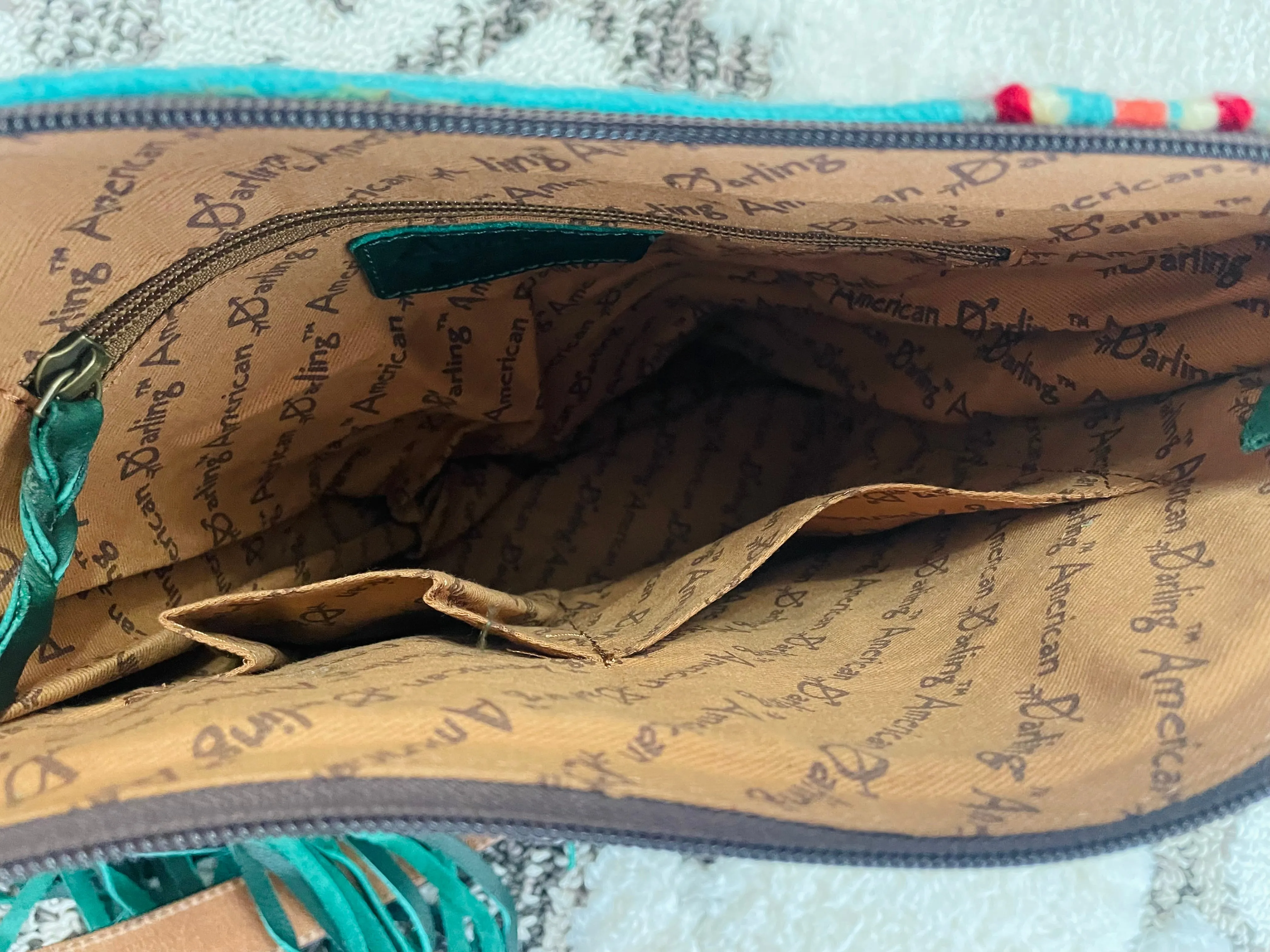 Bright Turquoise Wool Leather Tooled Green Fringe Handbag