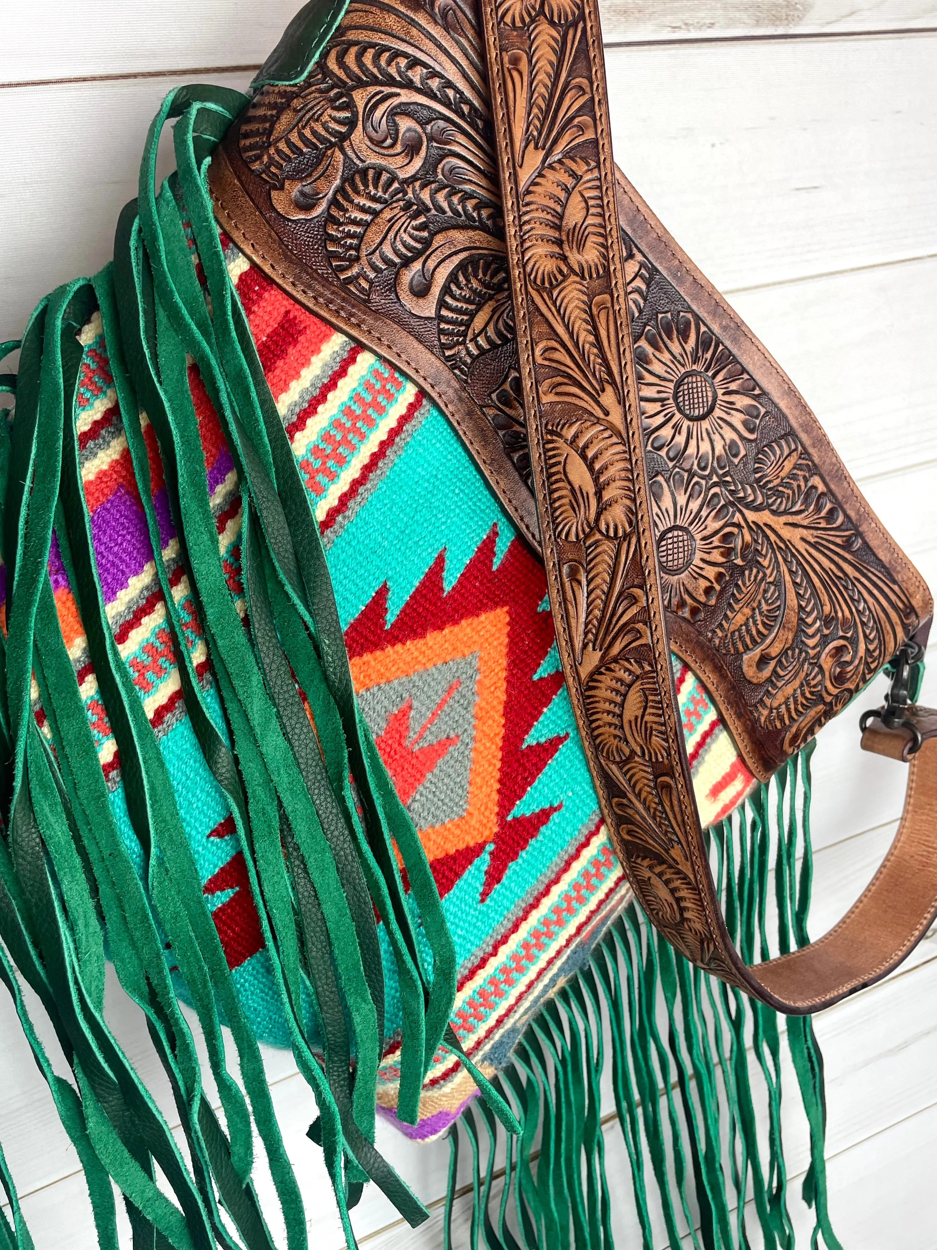 Bright Turquoise Wool Leather Tooled Green Fringe Handbag