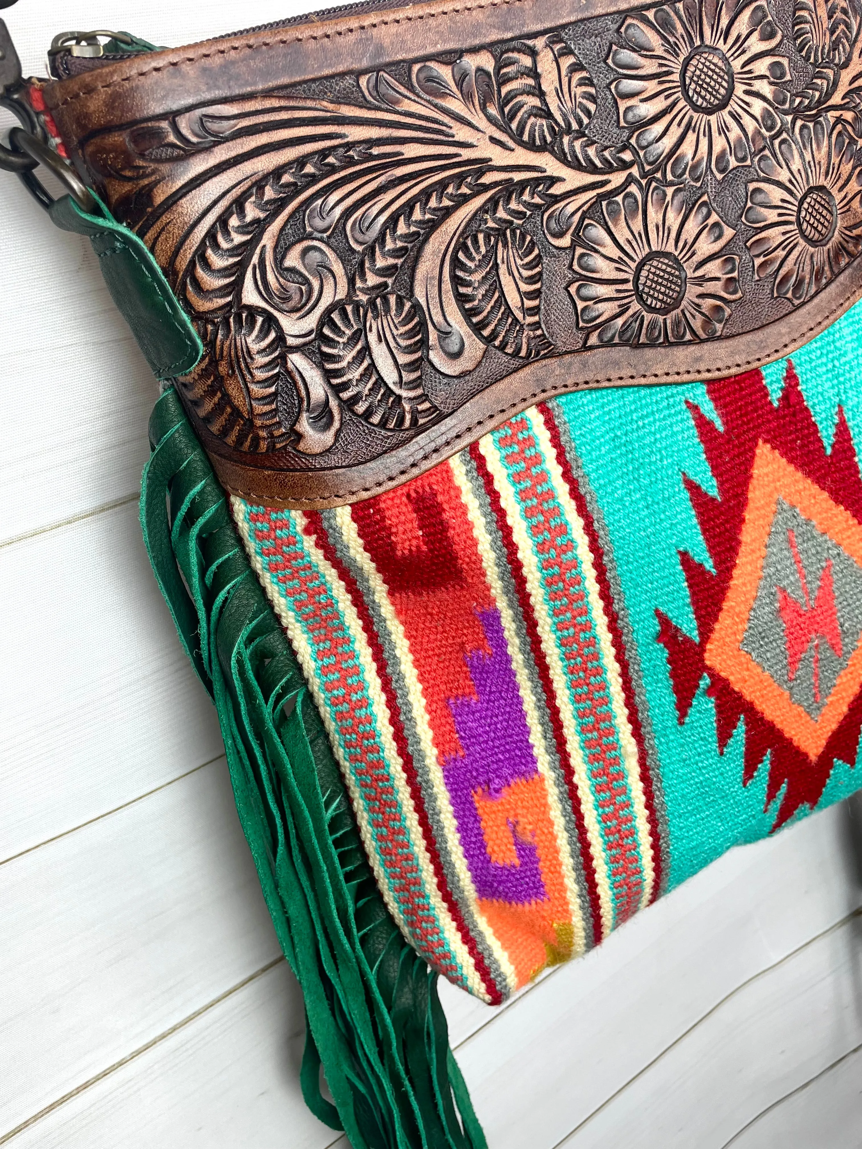 Bright Turquoise Wool Leather Tooled Green Fringe Handbag