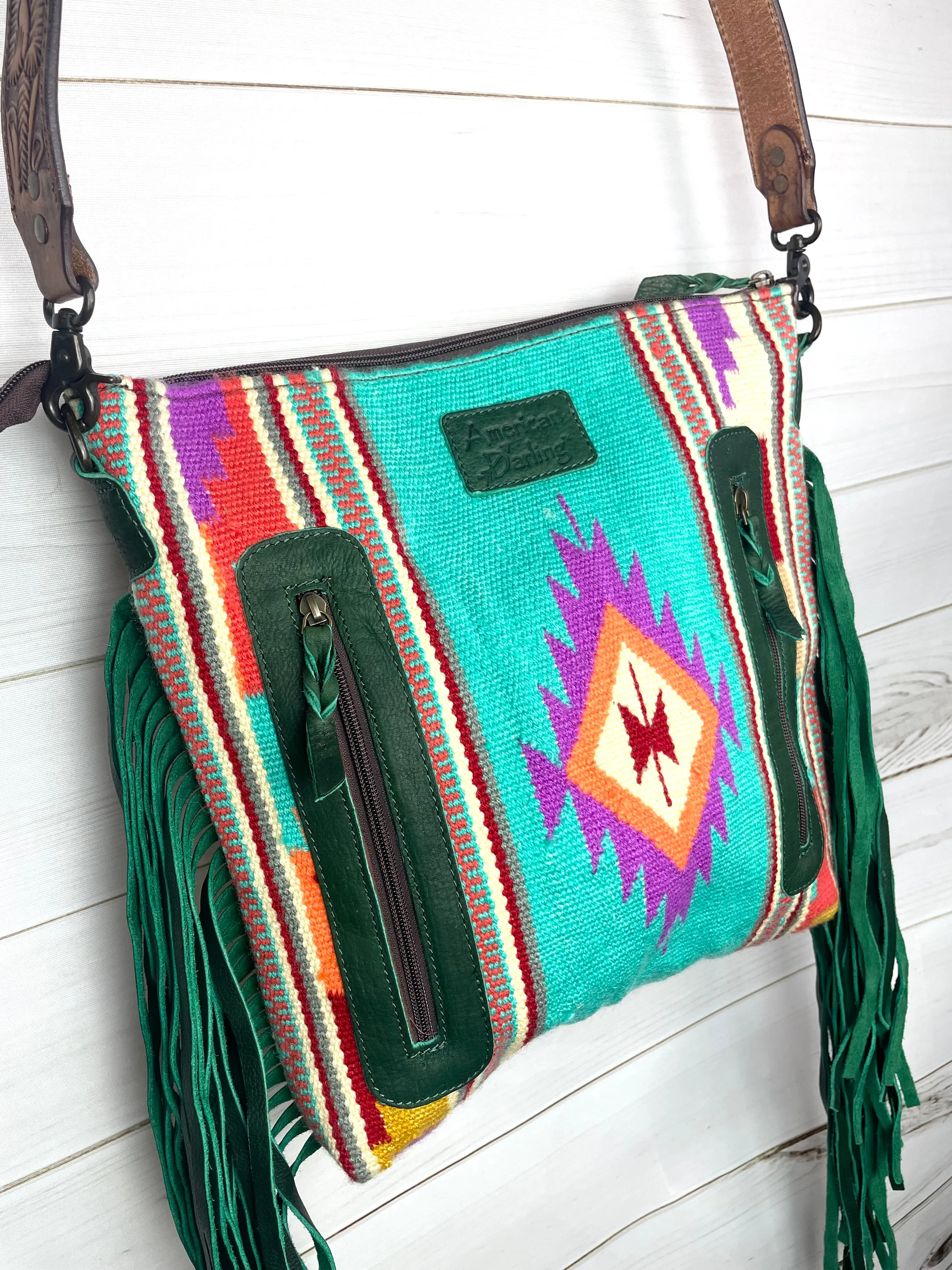 Bright Turquoise Wool Leather Tooled Green Fringe Handbag