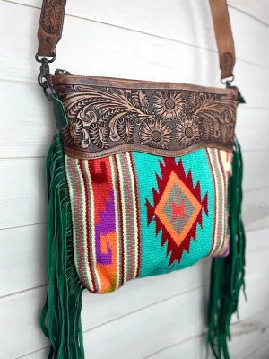Bright Turquoise Wool Leather Tooled Green Fringe Handbag