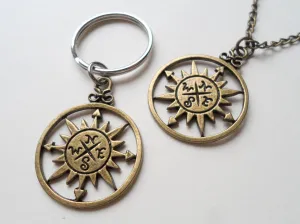 Bronze Sun Compass Neckace and Keychain Set - I'd Be Lost Without You; Couples Keychain Set