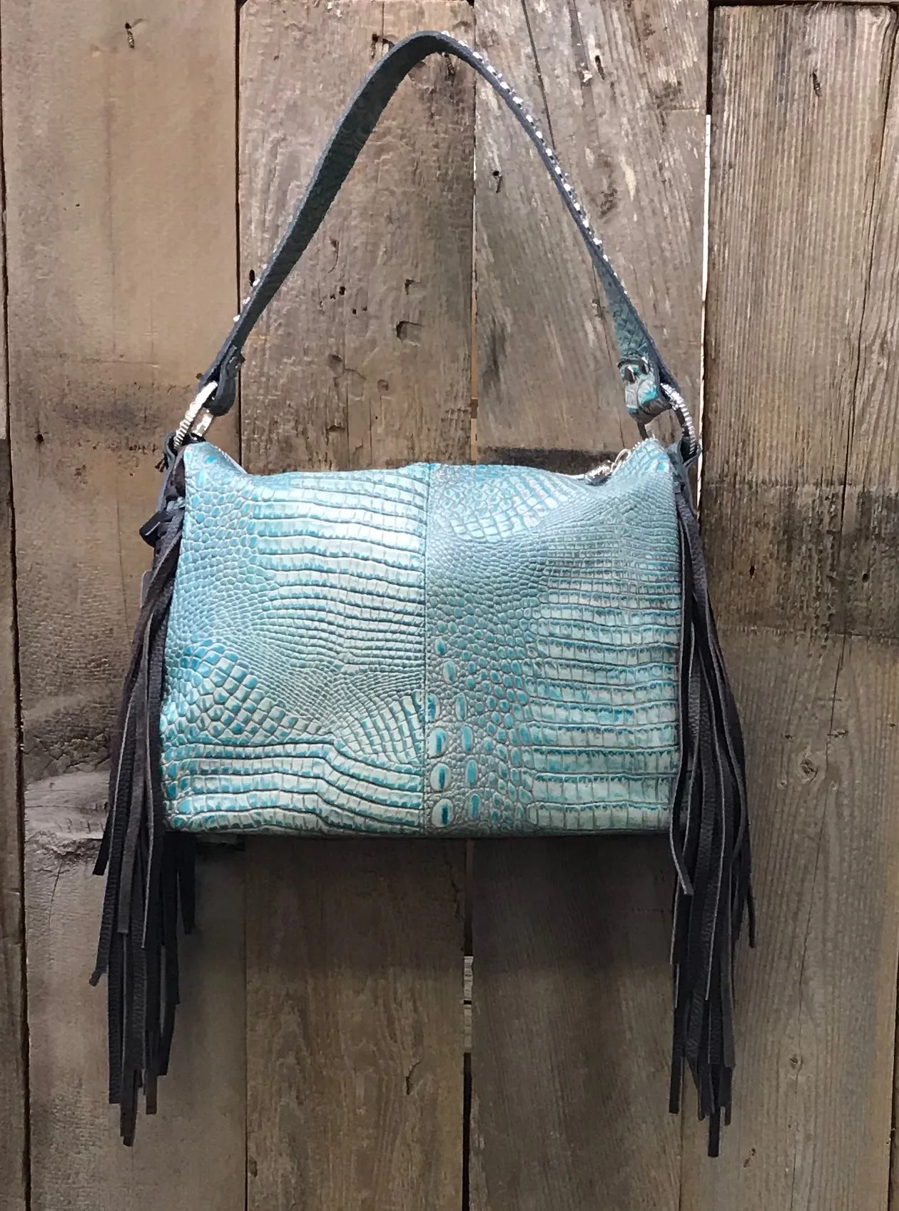 Brown Brindle Hair With Turquoise Cross Handbag