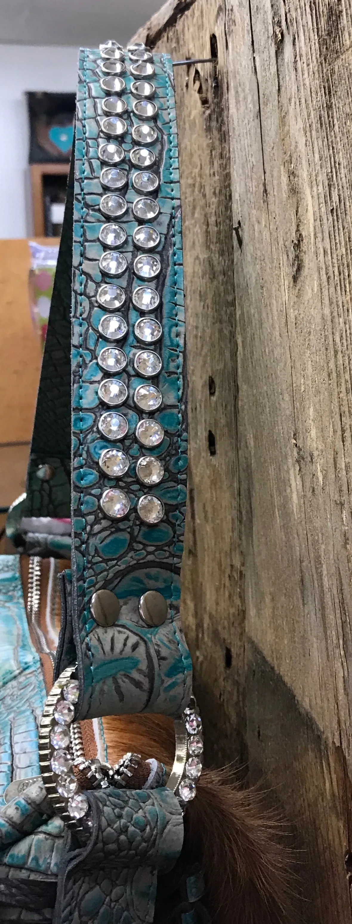 Brown Brindle Hair With Turquoise Cross Handbag