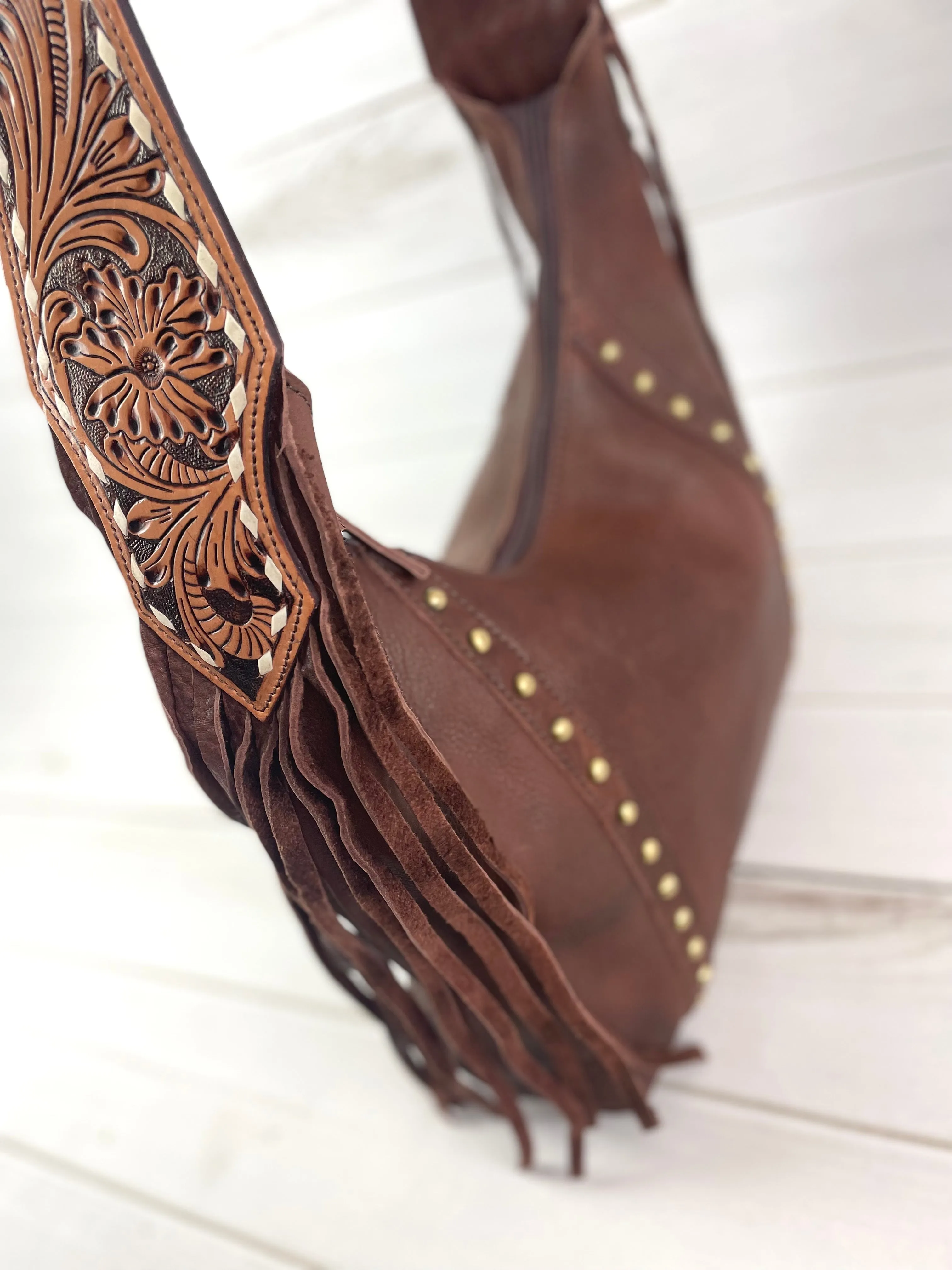 Brown Leather Studded Hobo Fringe Tooled Handbag