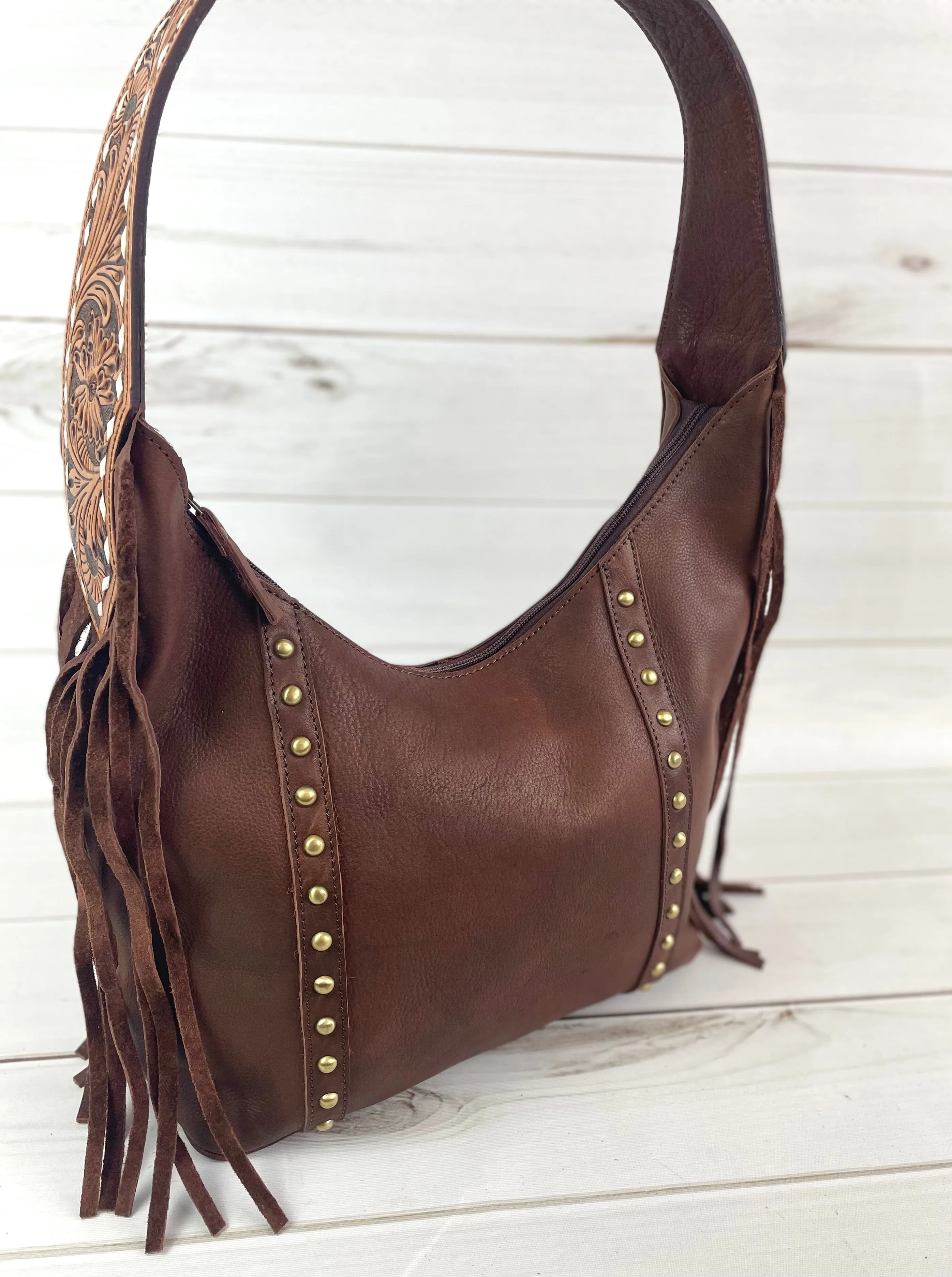 Brown Leather Studded Hobo Fringe Tooled Handbag