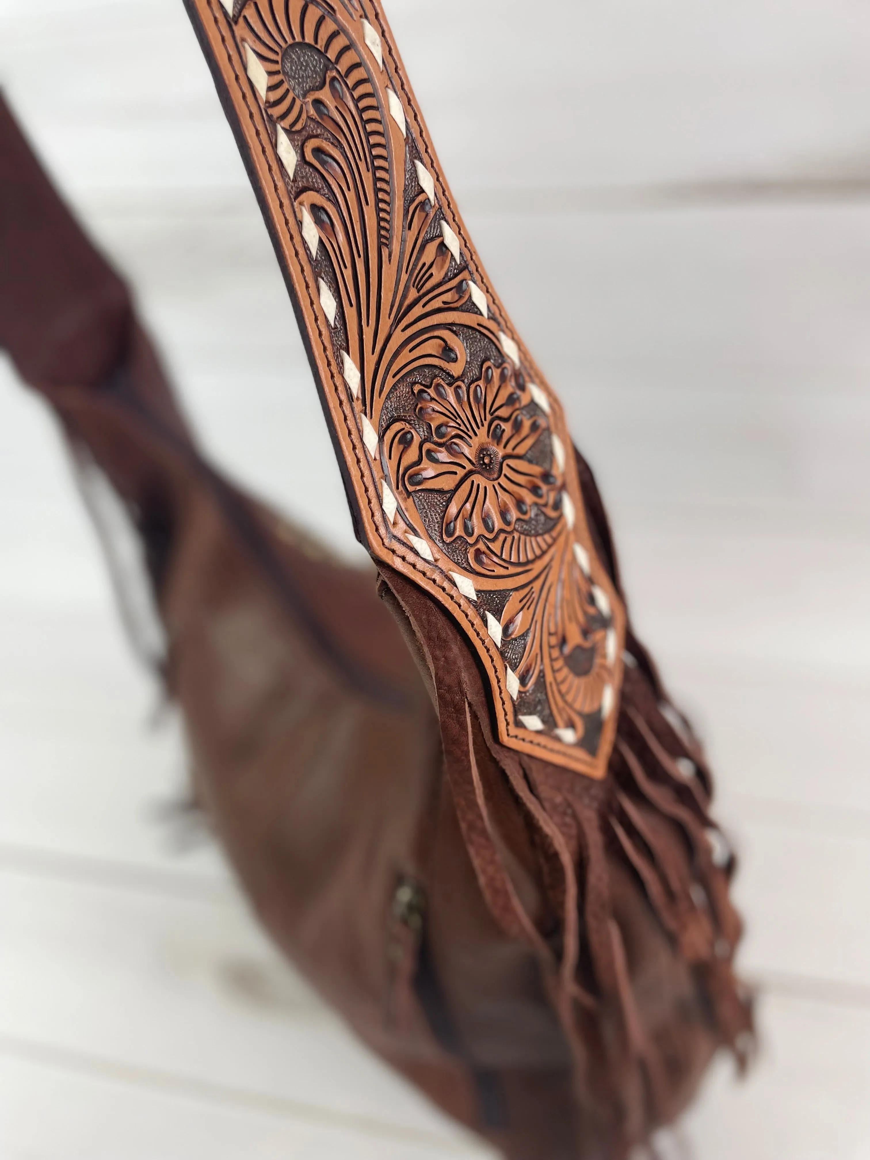 Brown Leather Studded Hobo Fringe Tooled Handbag