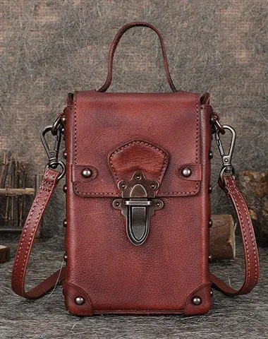 Brown Leather Womens Small Box Shoulder Bag Cube Small Handmade Handbag Purse for Ladies