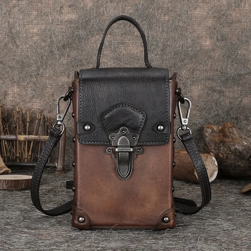Brown Leather Womens Small Box Shoulder Bag Cube Small Handmade Handbag Purse for Ladies