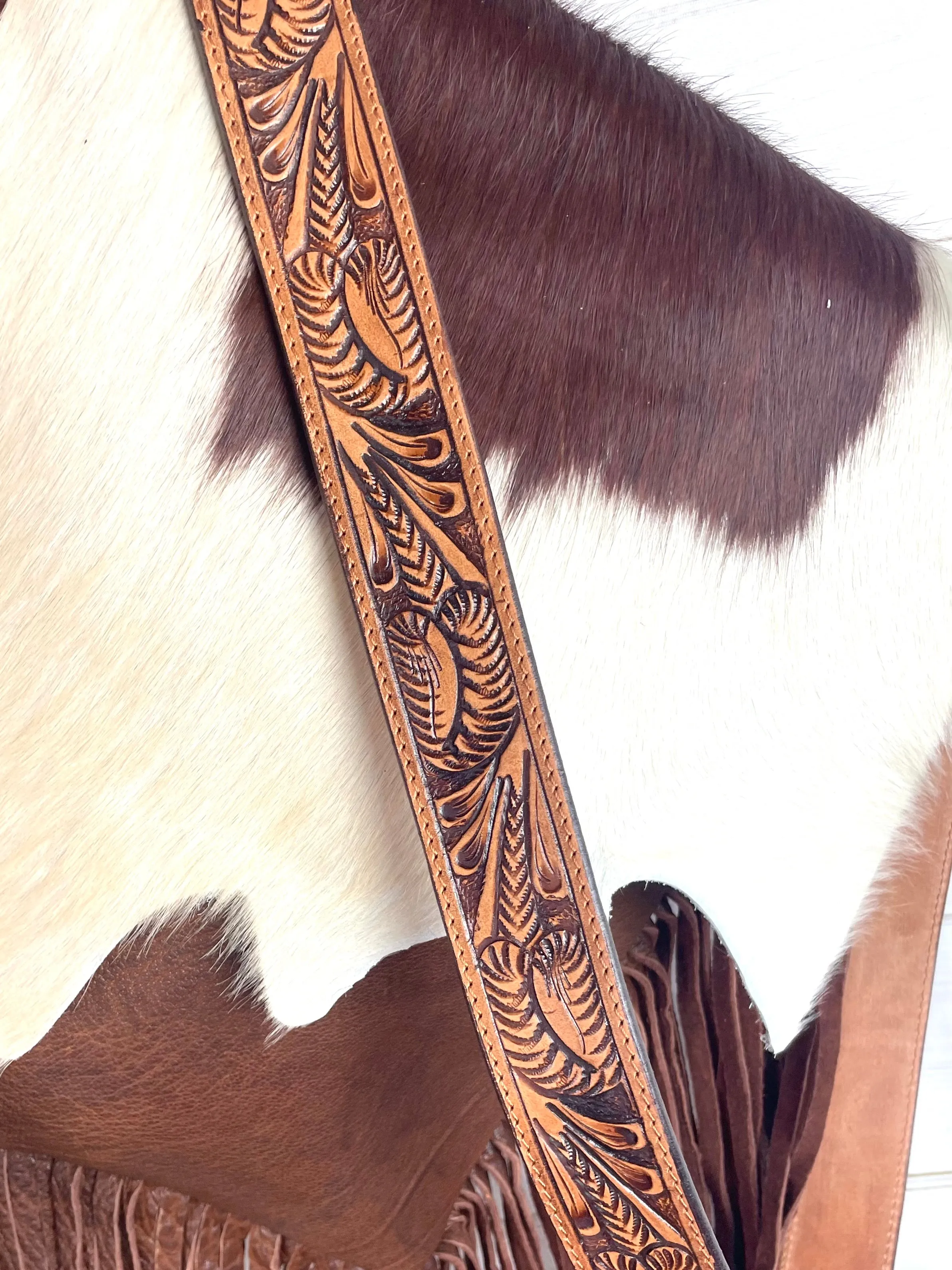 Brown Raw Hide Flap on Leather with Fringe Crossbody Bag