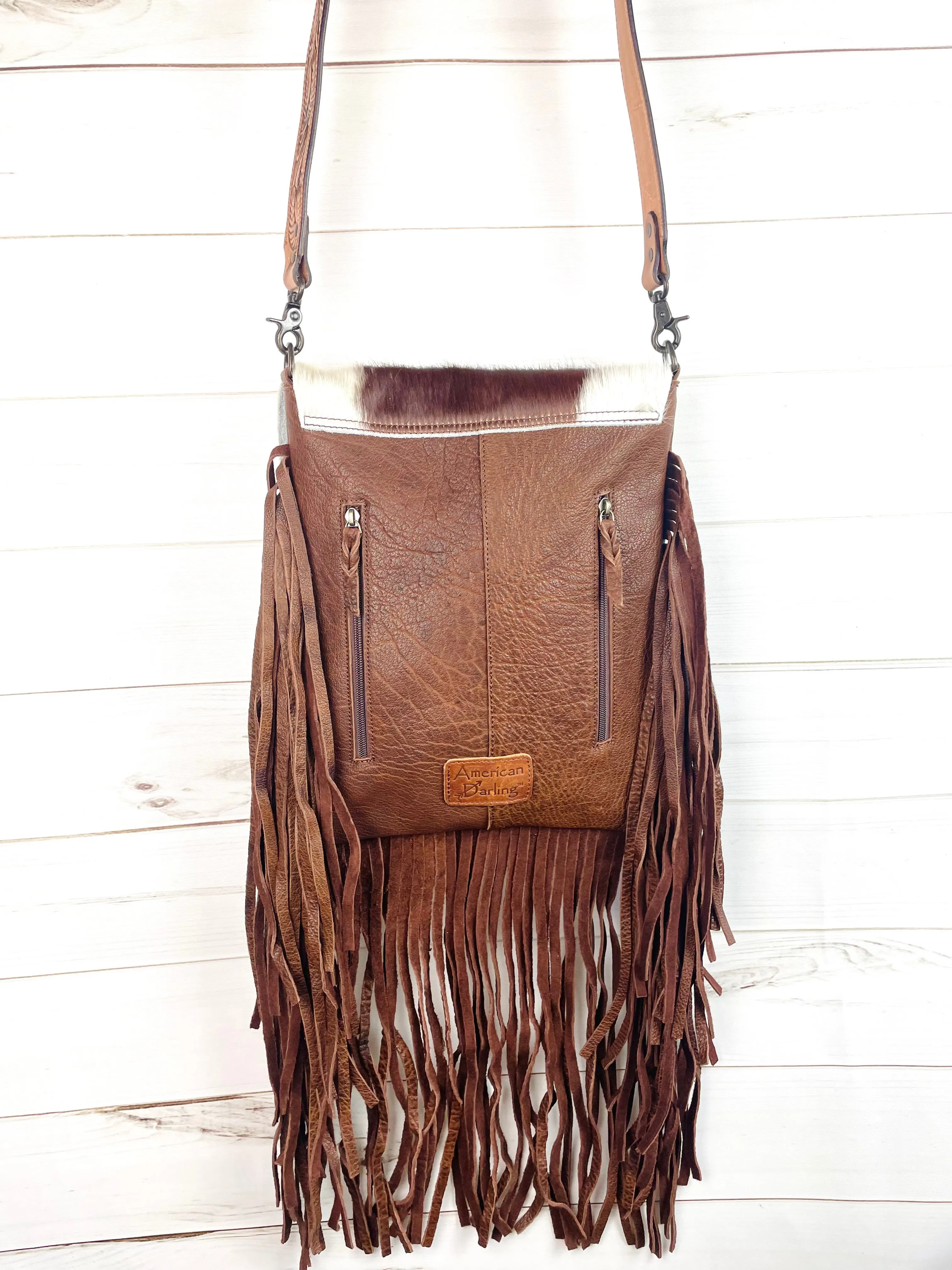 Brown Raw Hide Flap on Leather with Fringe Crossbody Bag