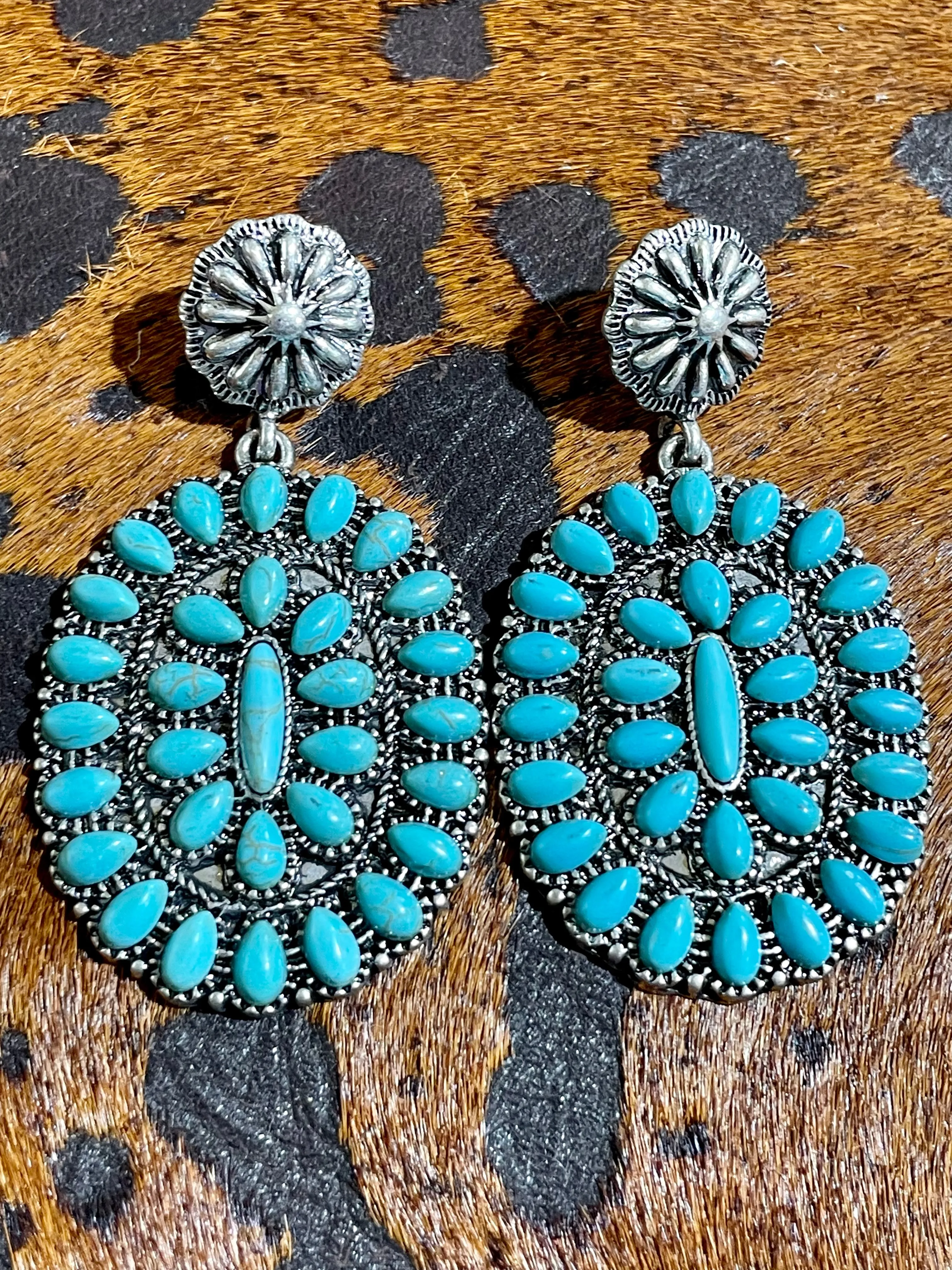 Buckeye Fashion Concho Post Oval Cluster Drop Earrings - Turquoise