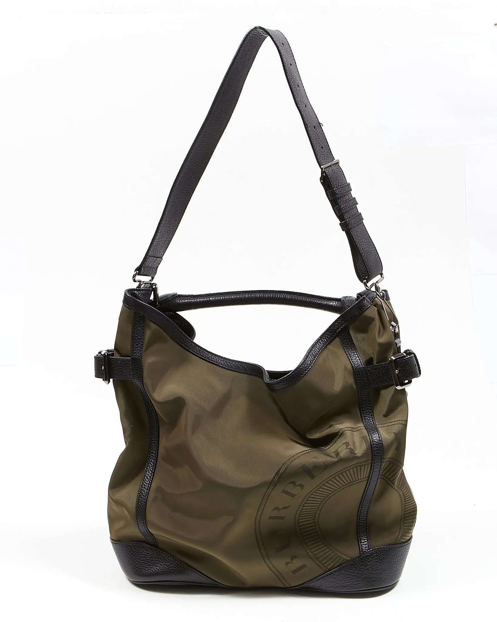 Burberry Khaki/Black Nylon & Leather Hobo Shoulder Bag