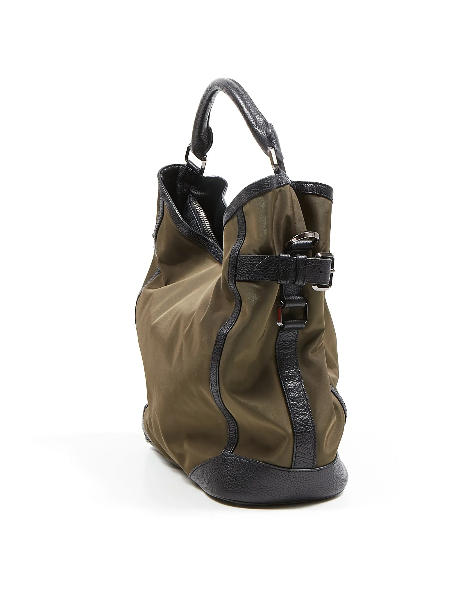 Burberry Khaki/Black Nylon & Leather Hobo Shoulder Bag