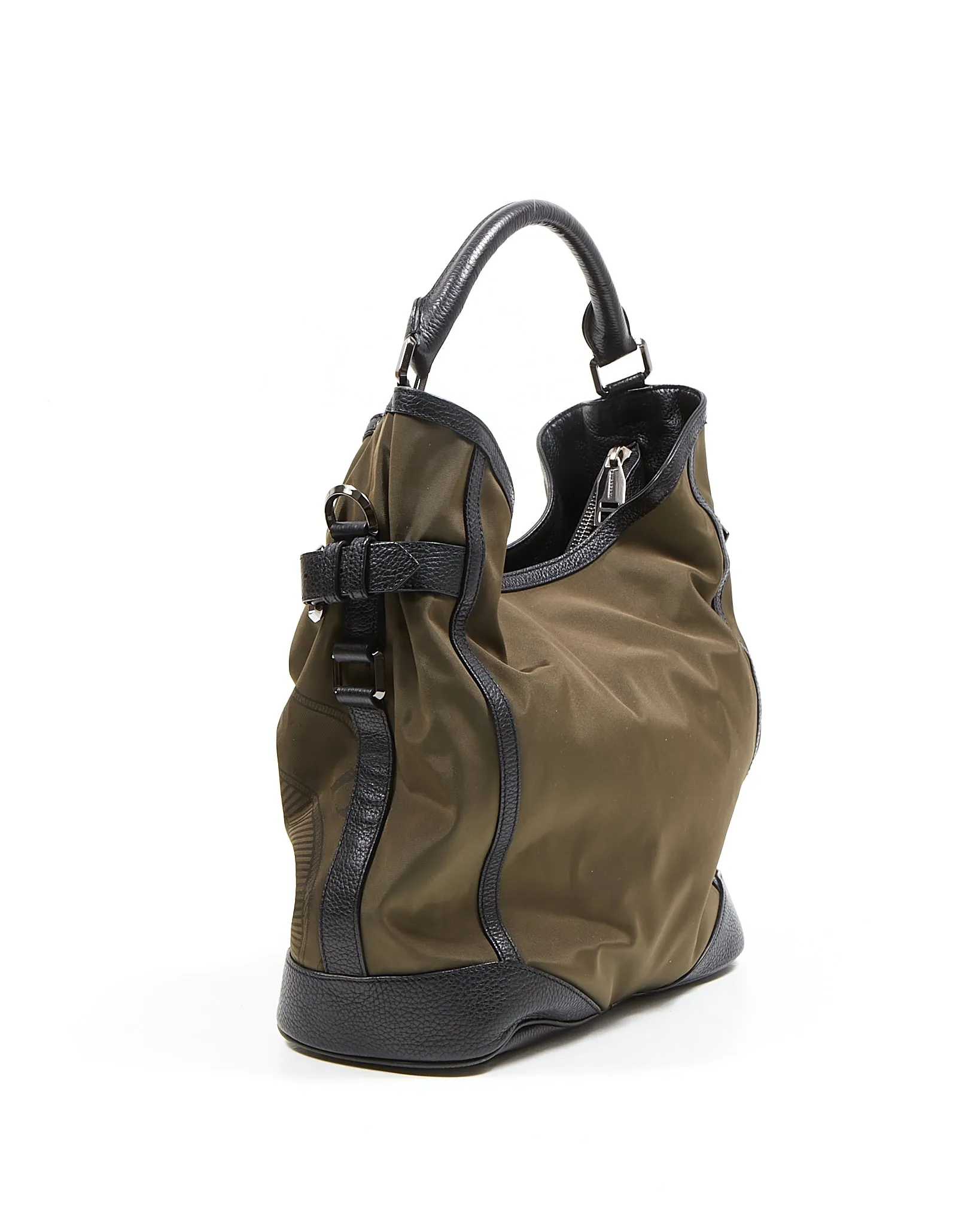 Burberry Khaki/Black Nylon & Leather Hobo Shoulder Bag