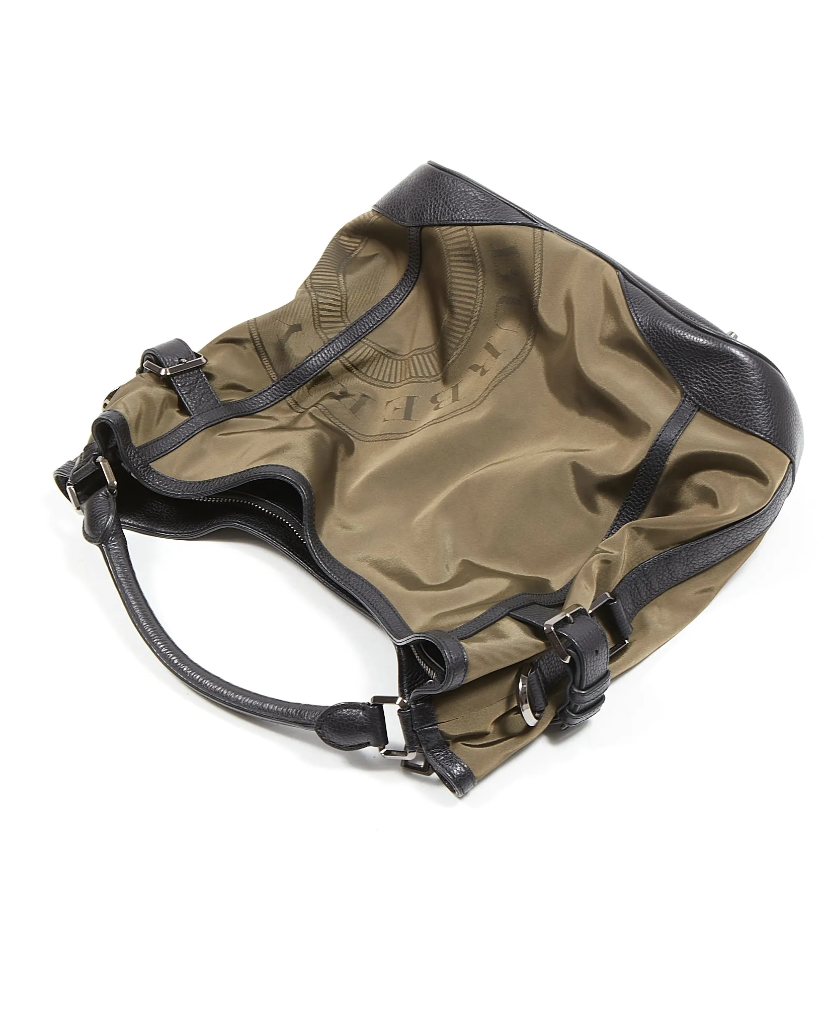 Burberry Khaki/Black Nylon & Leather Hobo Shoulder Bag