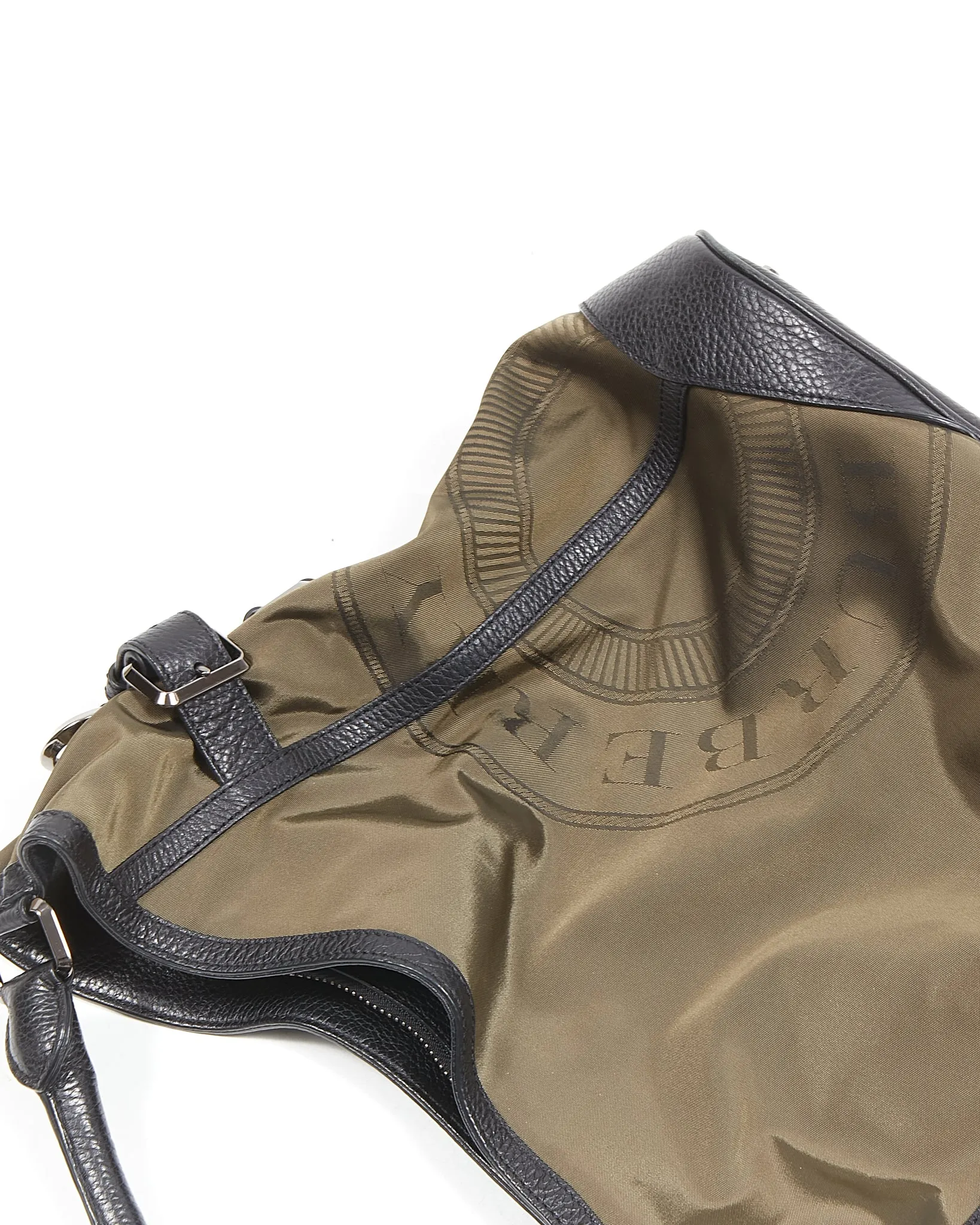Burberry Khaki/Black Nylon & Leather Hobo Shoulder Bag