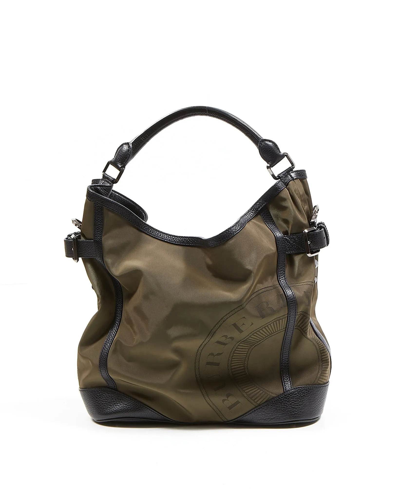 Burberry Khaki/Black Nylon & Leather Hobo Shoulder Bag