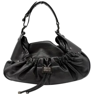BURBERRY Warrior Drawstring Leather Hobo Bag Black