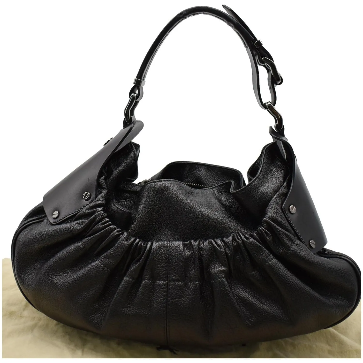 BURBERRY Warrior Drawstring Leather Hobo Bag Black