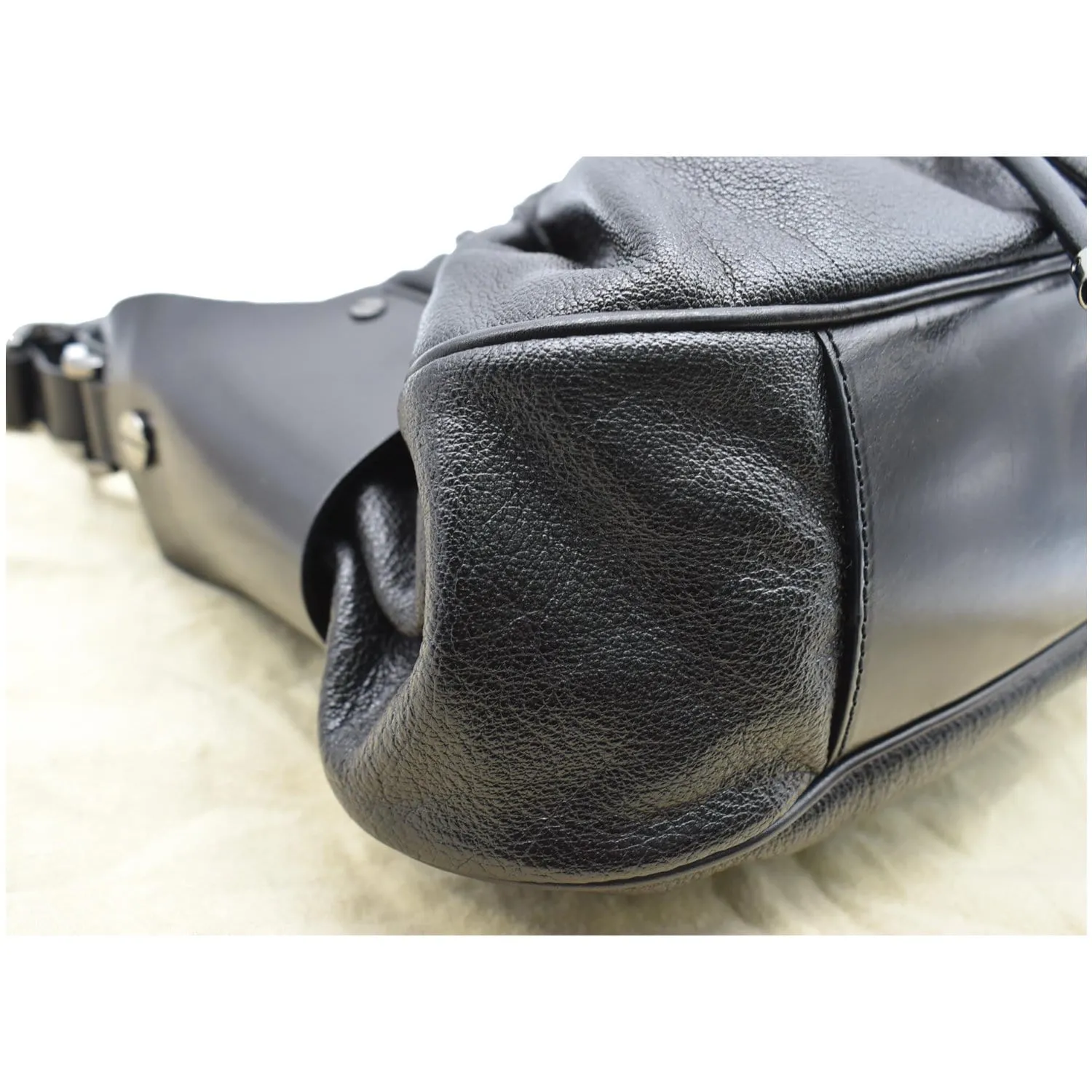 BURBERRY Warrior Drawstring Leather Hobo Bag Black