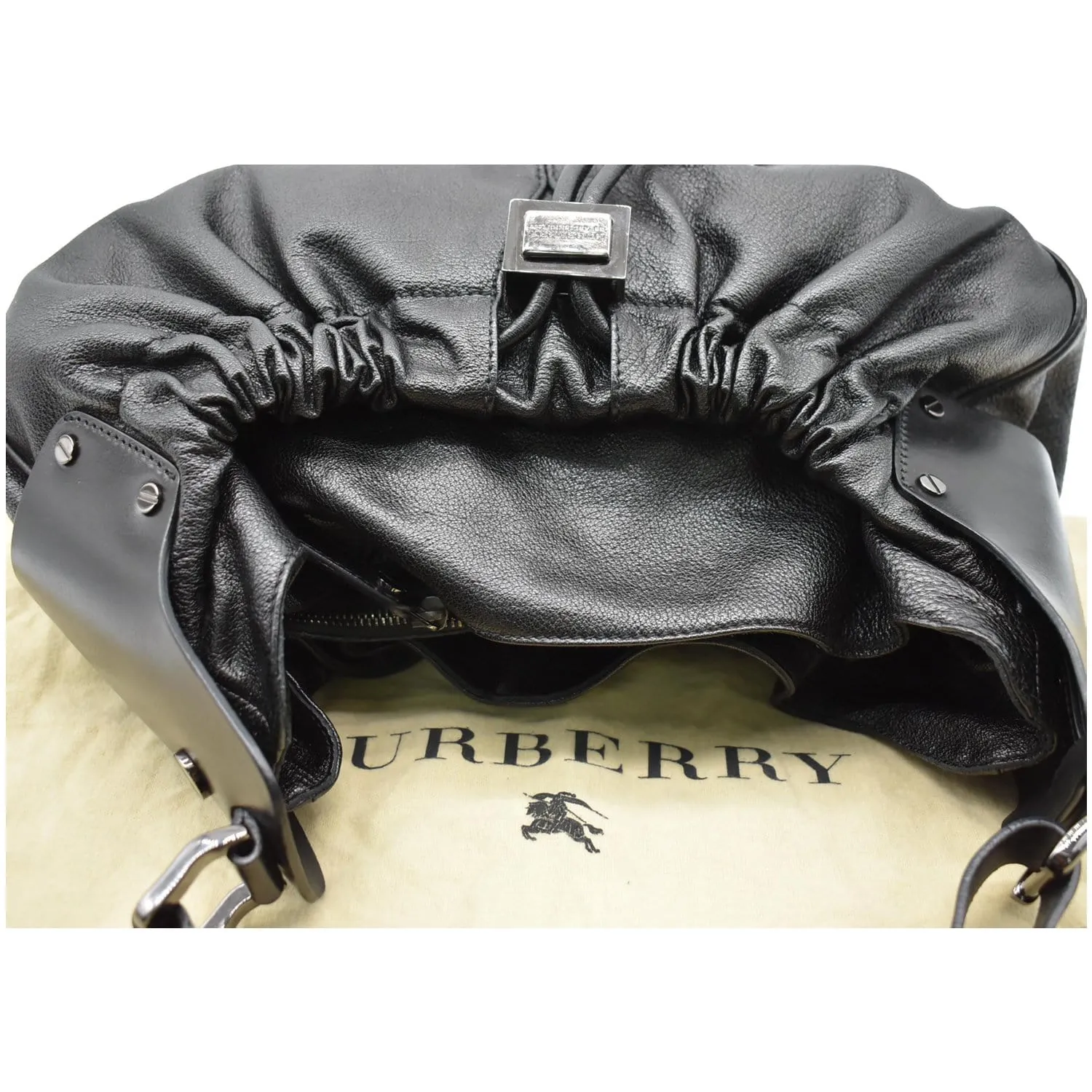 BURBERRY Warrior Drawstring Leather Hobo Bag Black